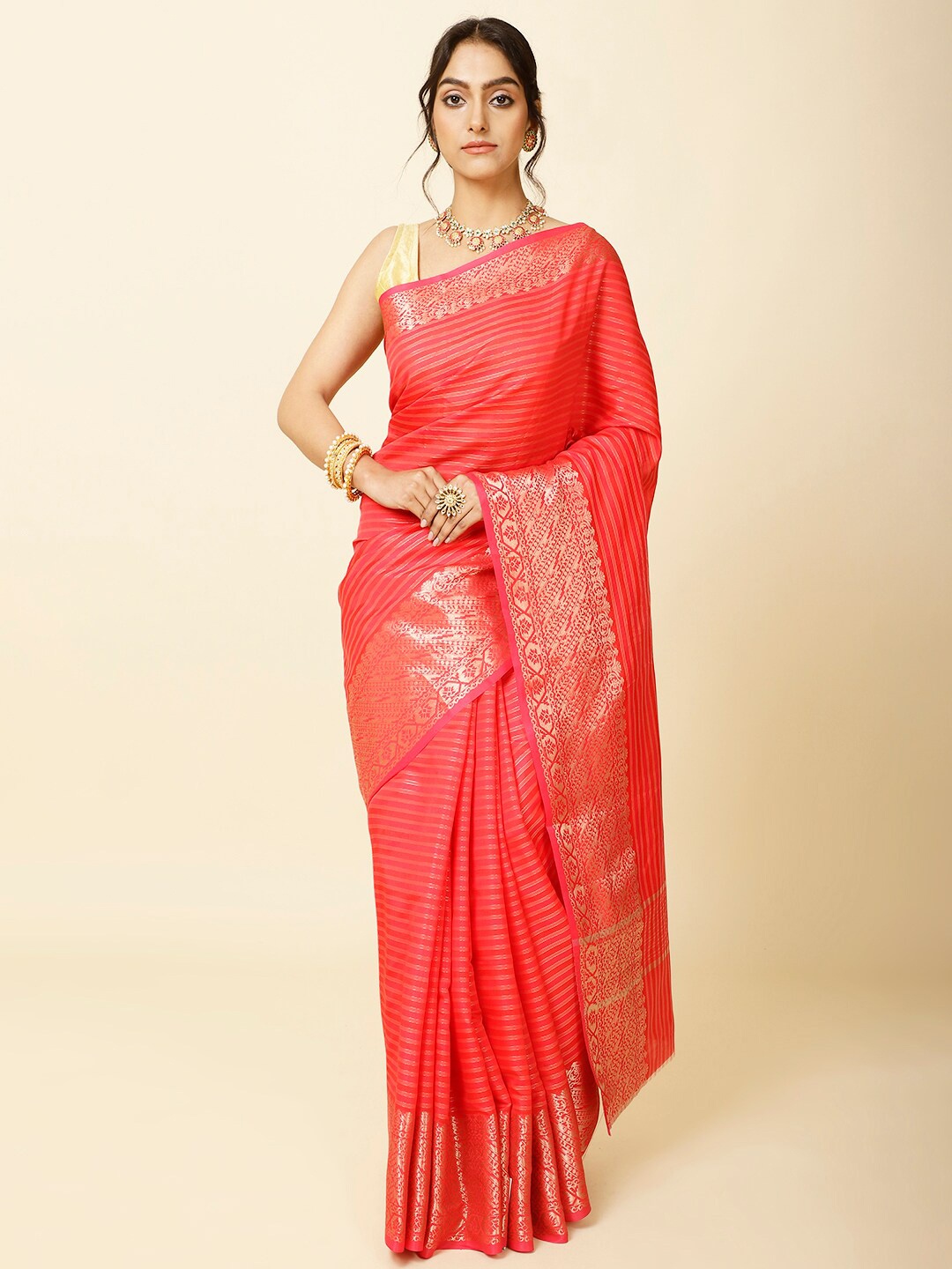 

Meena Bazaar Striped Zari Saree, Red