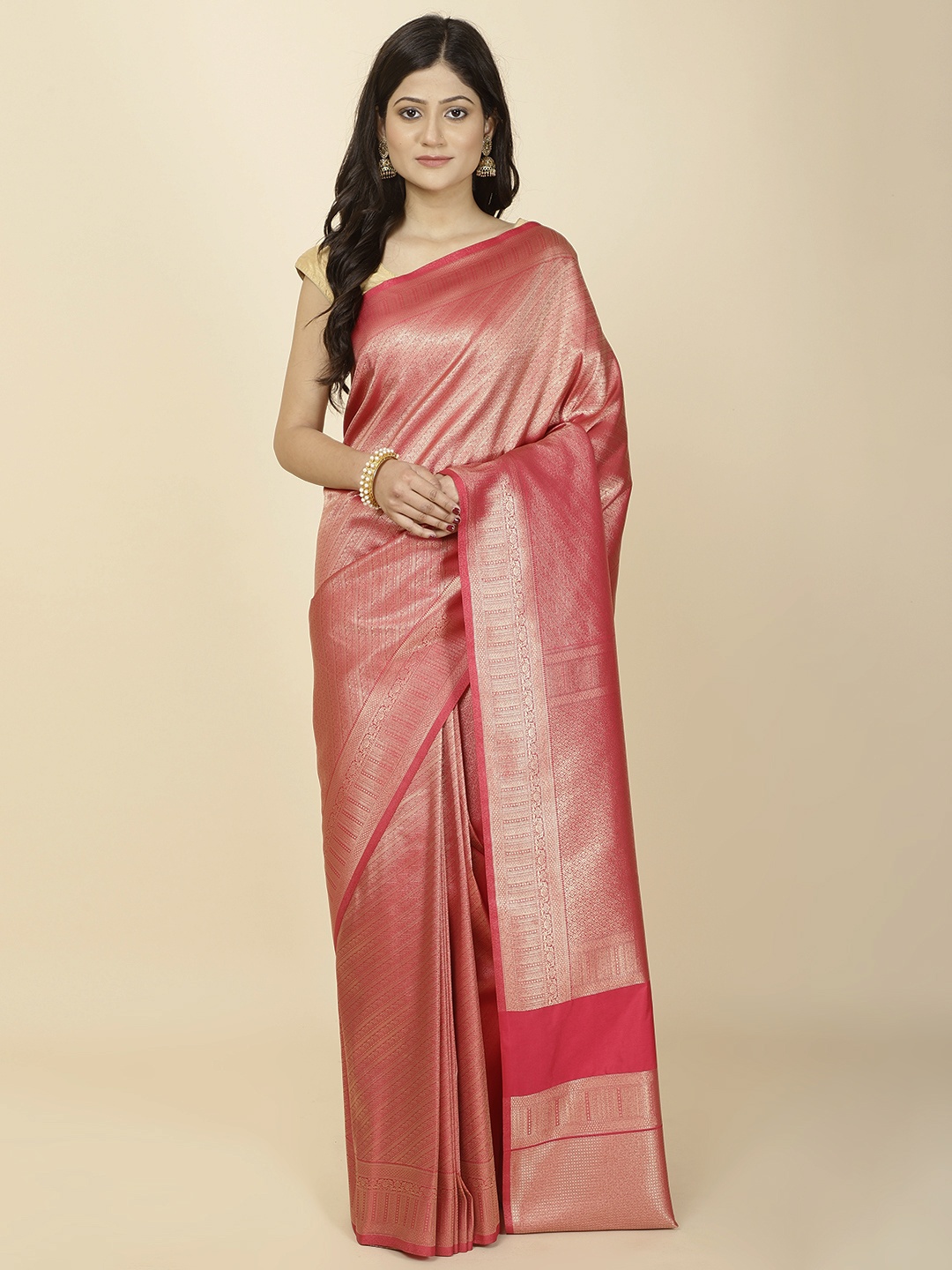 

Meena Bazaar Ethnic Motifs Woven Design Zari Art Silk Saree, Pink