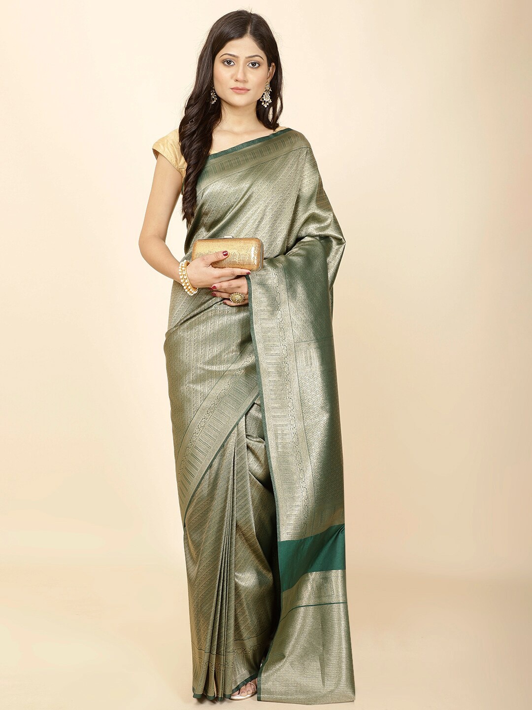 

Meena Bazaar Ethnic Motifs Woven Design Zari Art Silk Saree, Green