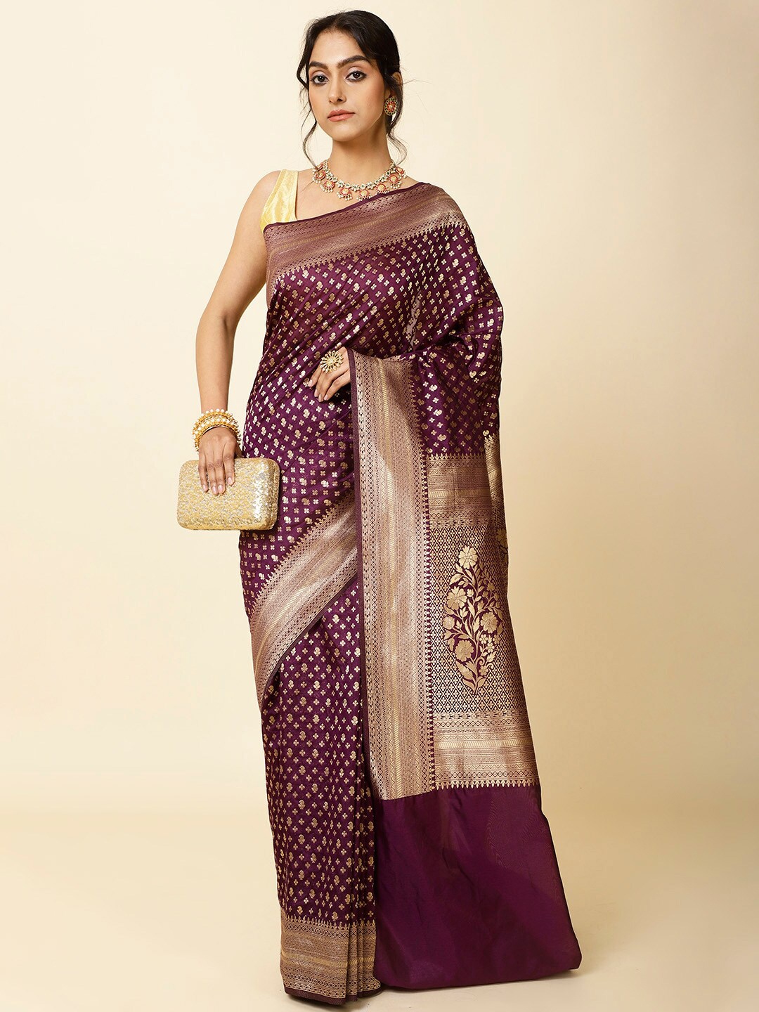 

Meena Bazaar Ethnic Motifs Woven Design Zari Art Silk Saree, Purple