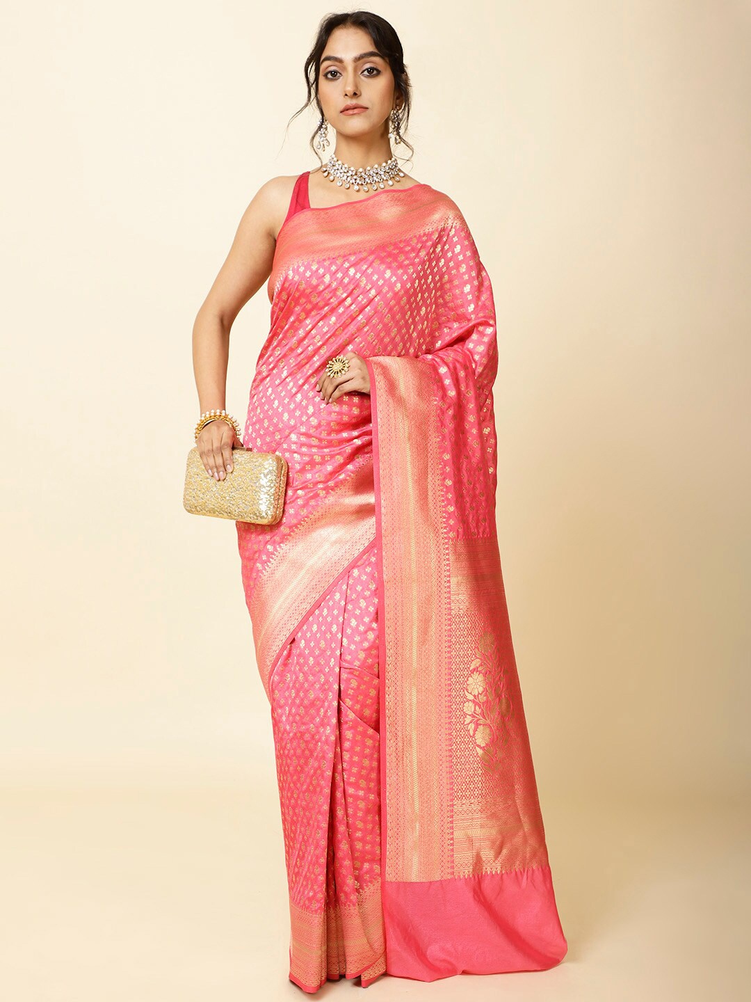 

Meena Bazaar Ethnic Motifs Woven Design Zari Art Silk Saree, Pink