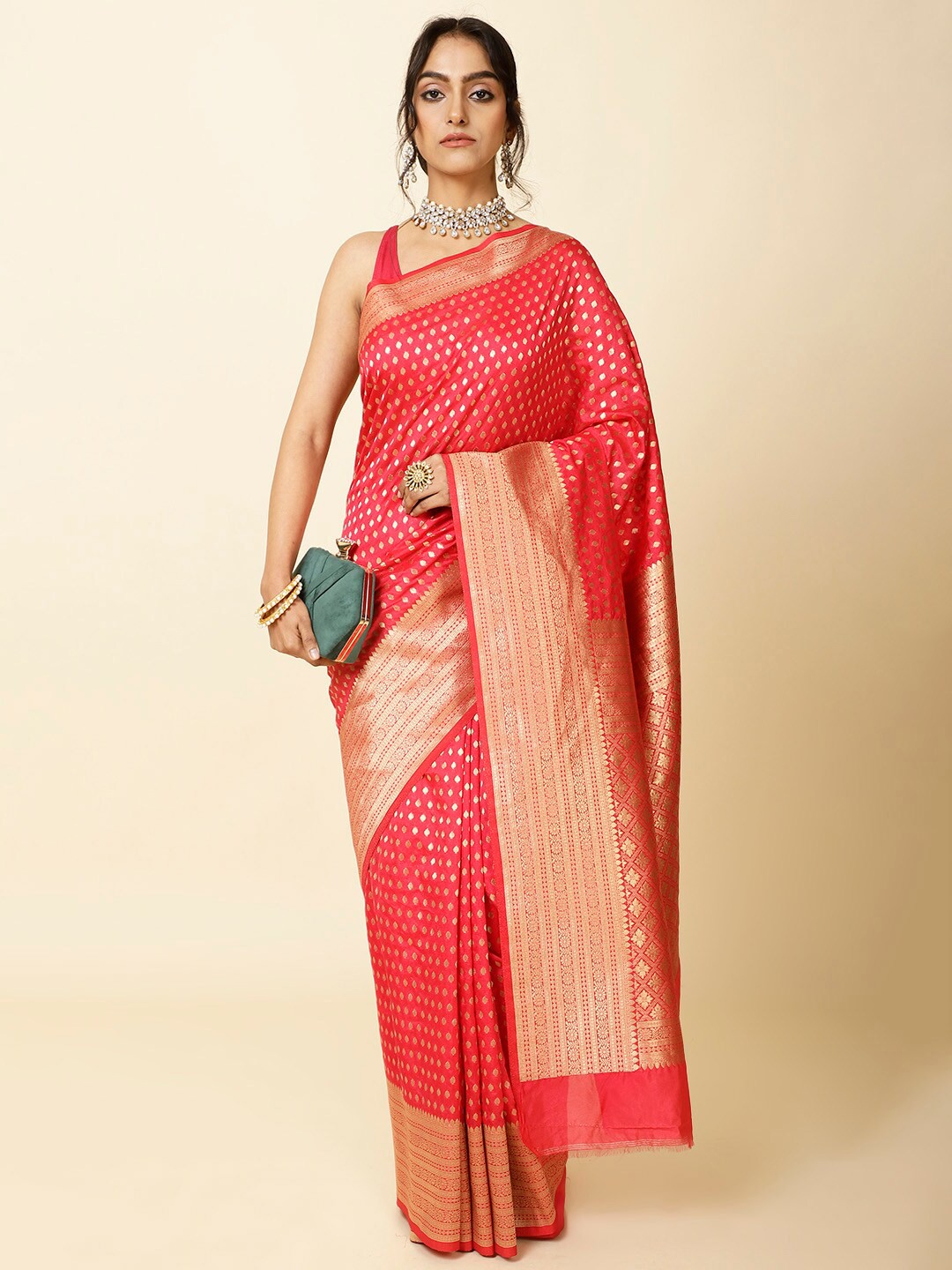 

Meena Bazaar Ethnic Motifs Woven Design Zari Saree, Pink
