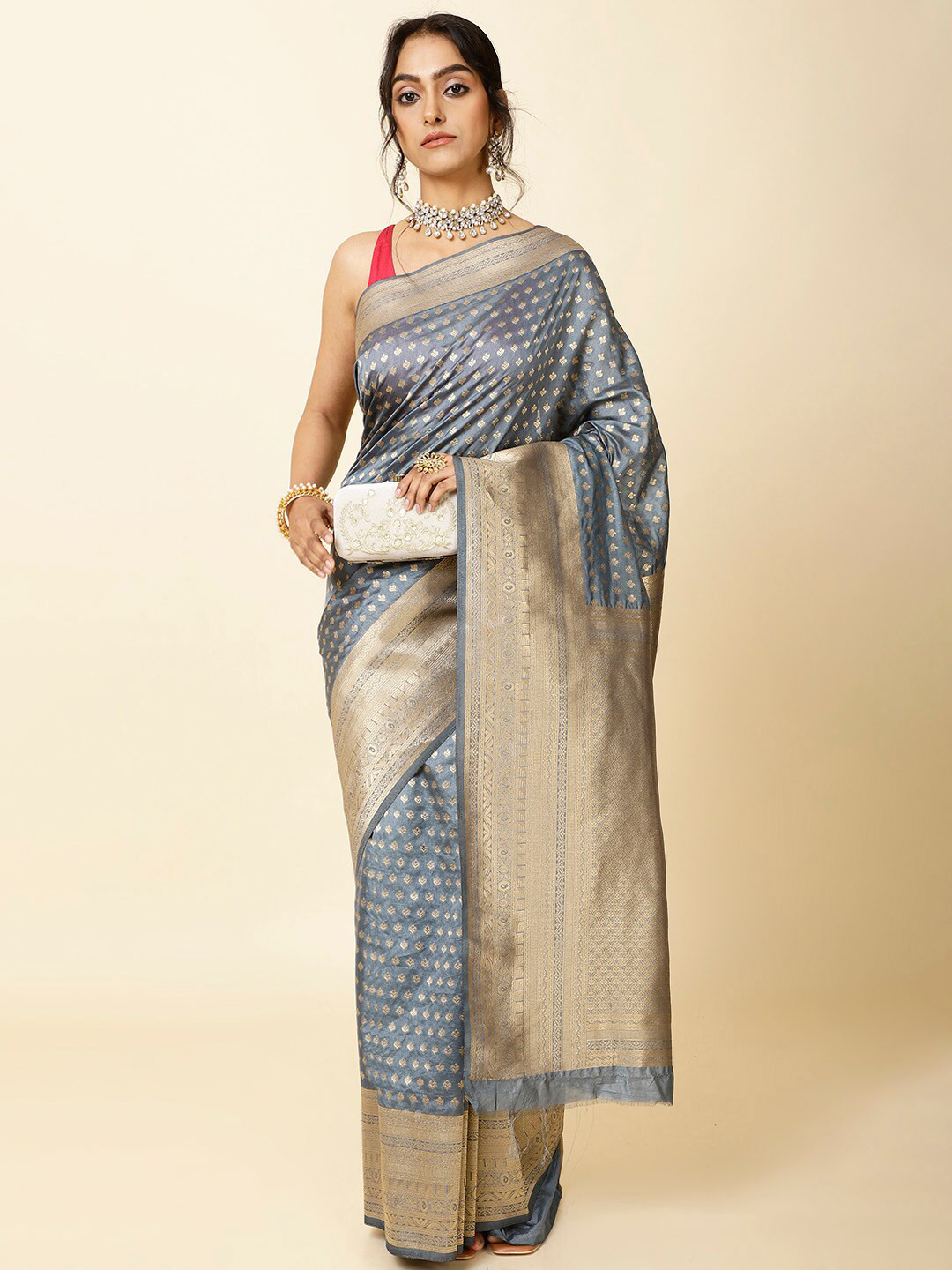 

Meena Bazaar Ethnic Motifs Woven Design Zari Saree, Grey