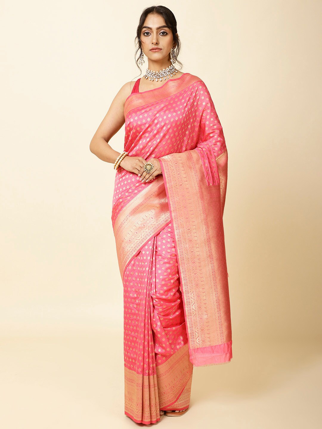 

Meena Bazaar Ethnic Motifs Woven Design Zari Art Silk Saree, Pink