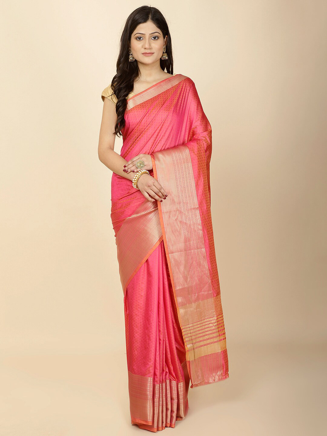 

Meena Bazaar Geometric Woven Design Art Silk Saree, Pink