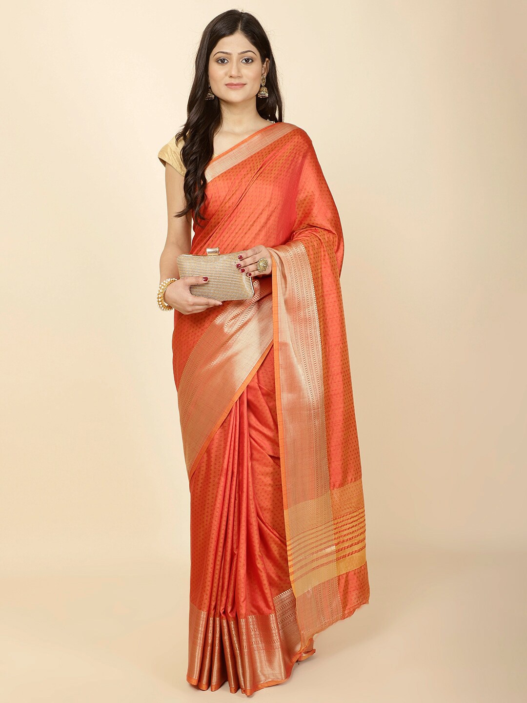 

Meena Bazaar Ethnic Motifs Woven Design Zari Art Silk Saree, Orange