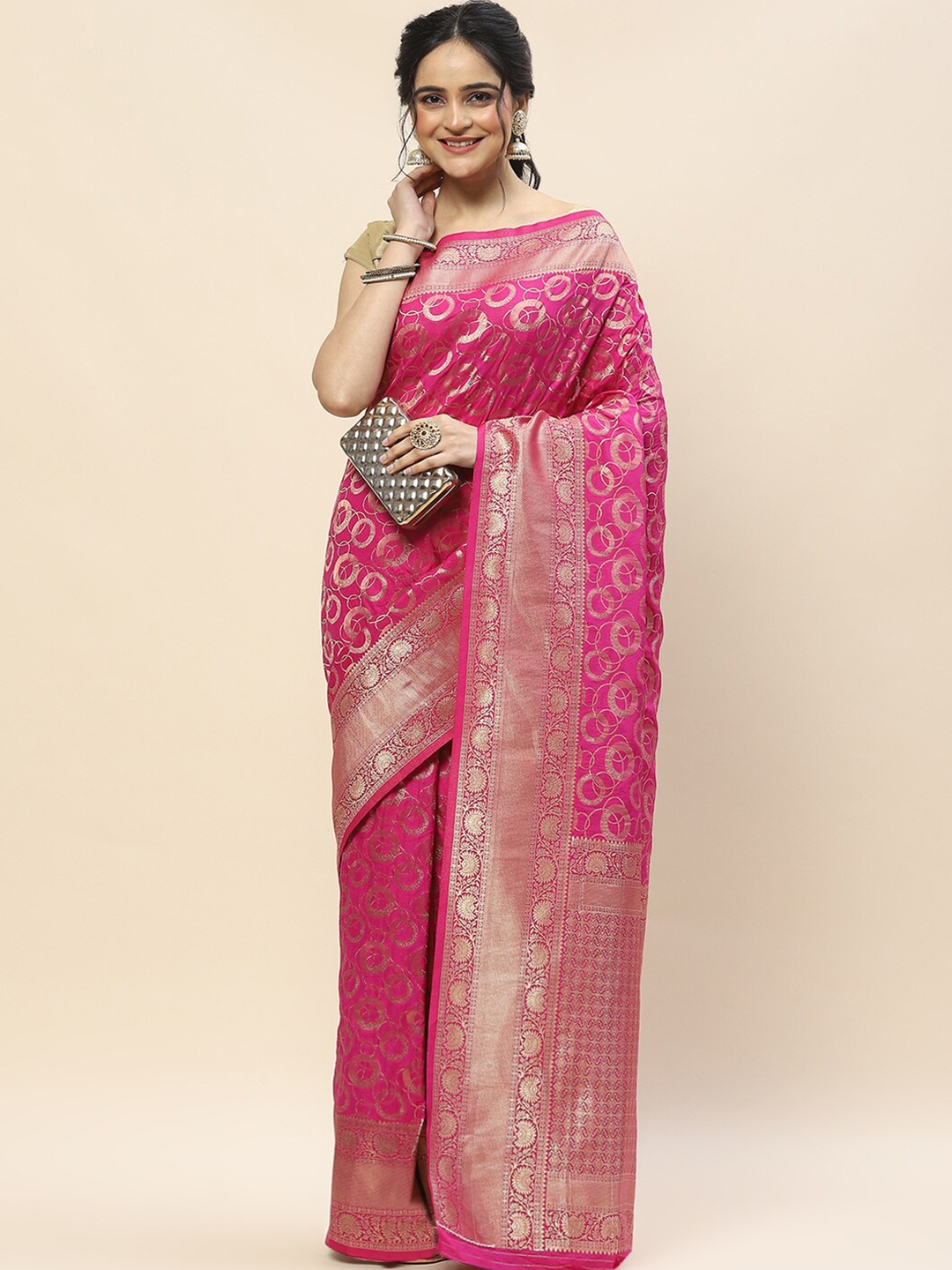 

Meena Bazaar Geometric Woven Design Zari Saree, Pink