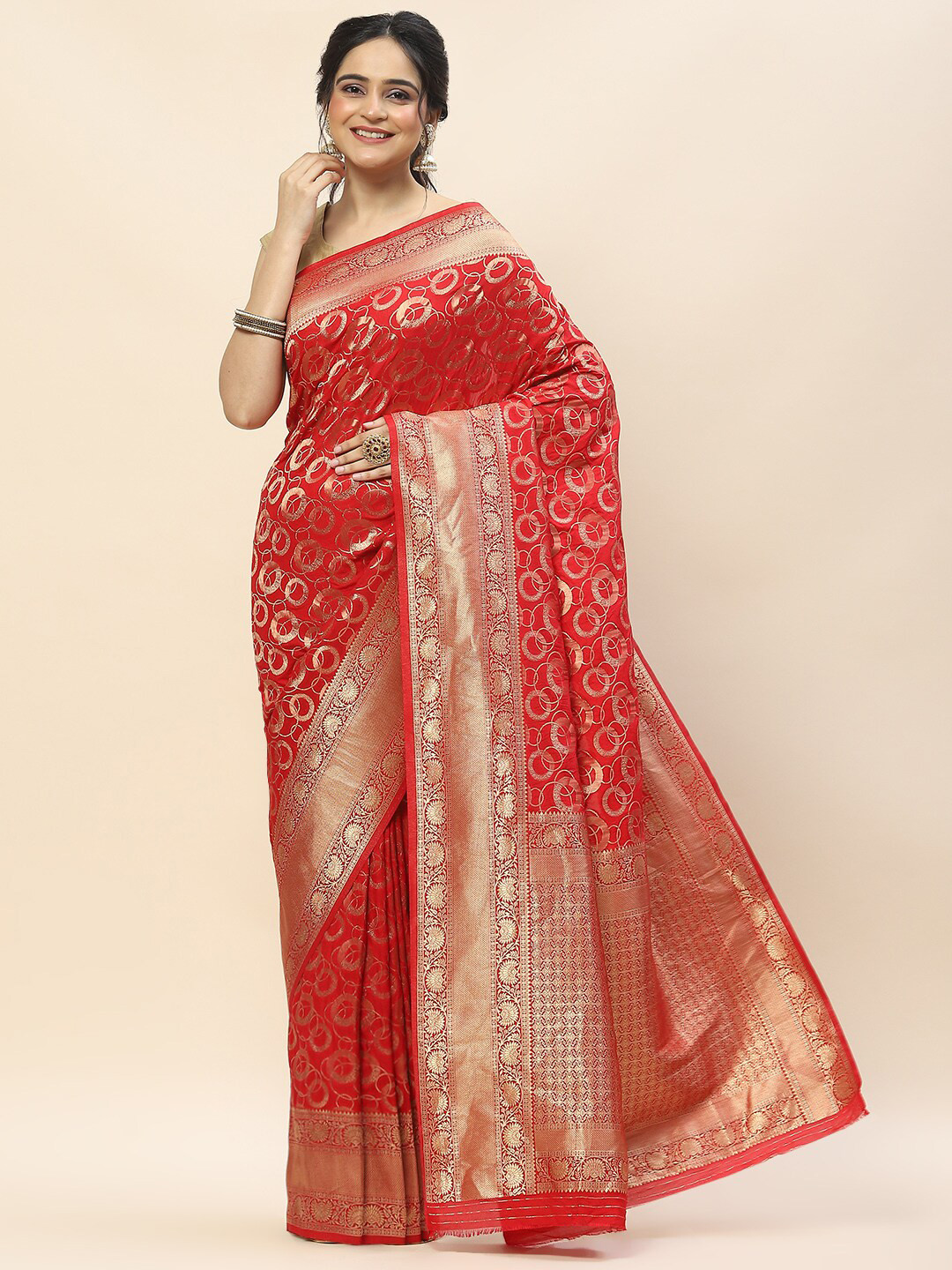 

Meena Bazaar Ethnic Motifs Woven Design Zari Saree, Red