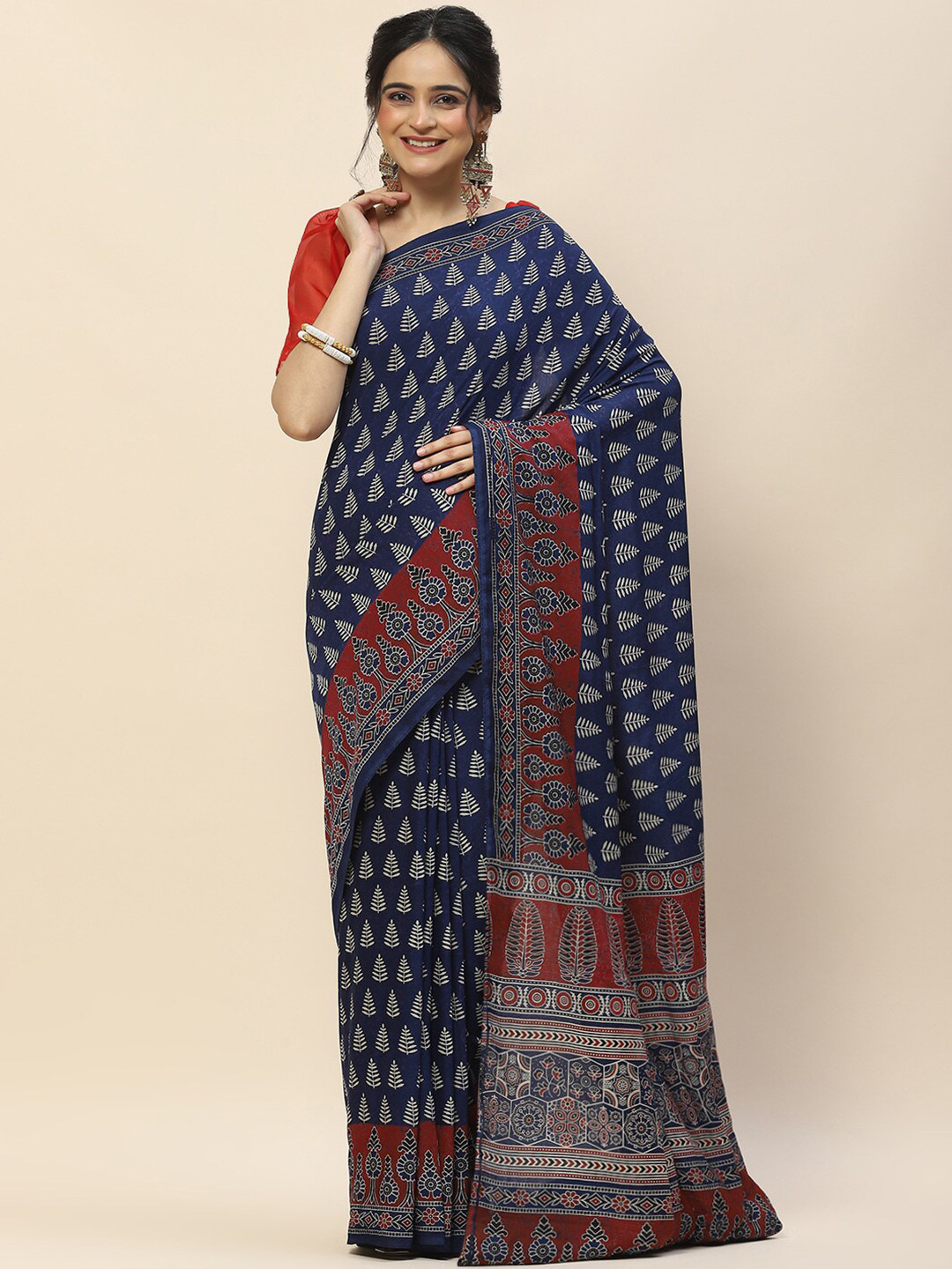 

Meena Bazaar Cotton Ethnic Motifs Printed Saree, Navy blue