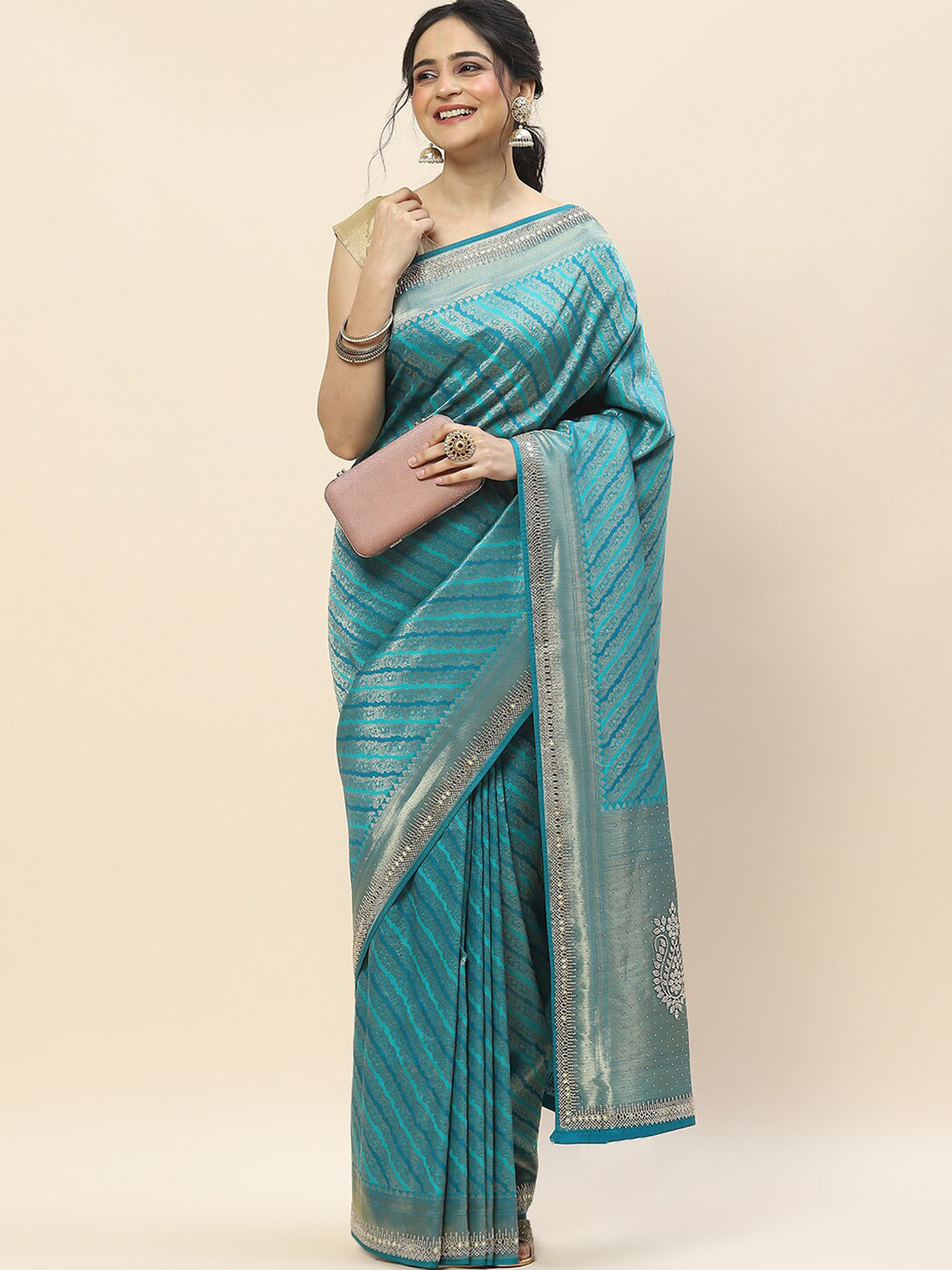 

Meena Bazaar Ethnic Motifs Woven Design Zari Art Silk Banarasi Saree, Blue