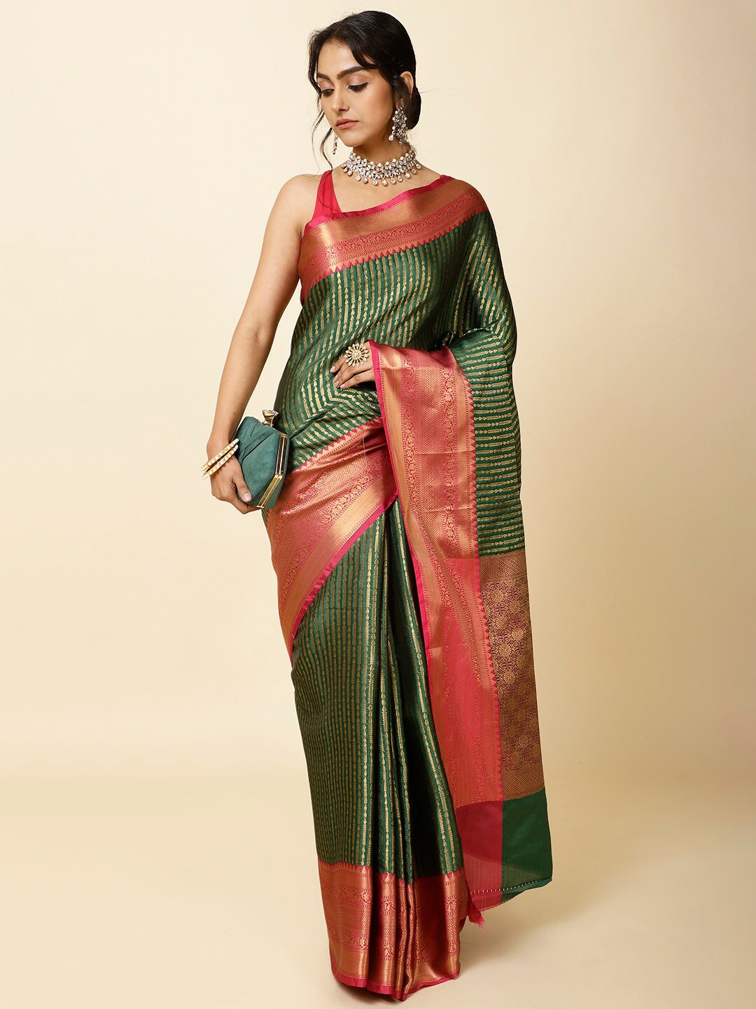 

Meena Bazaar Woven Design Zari Saree, Green