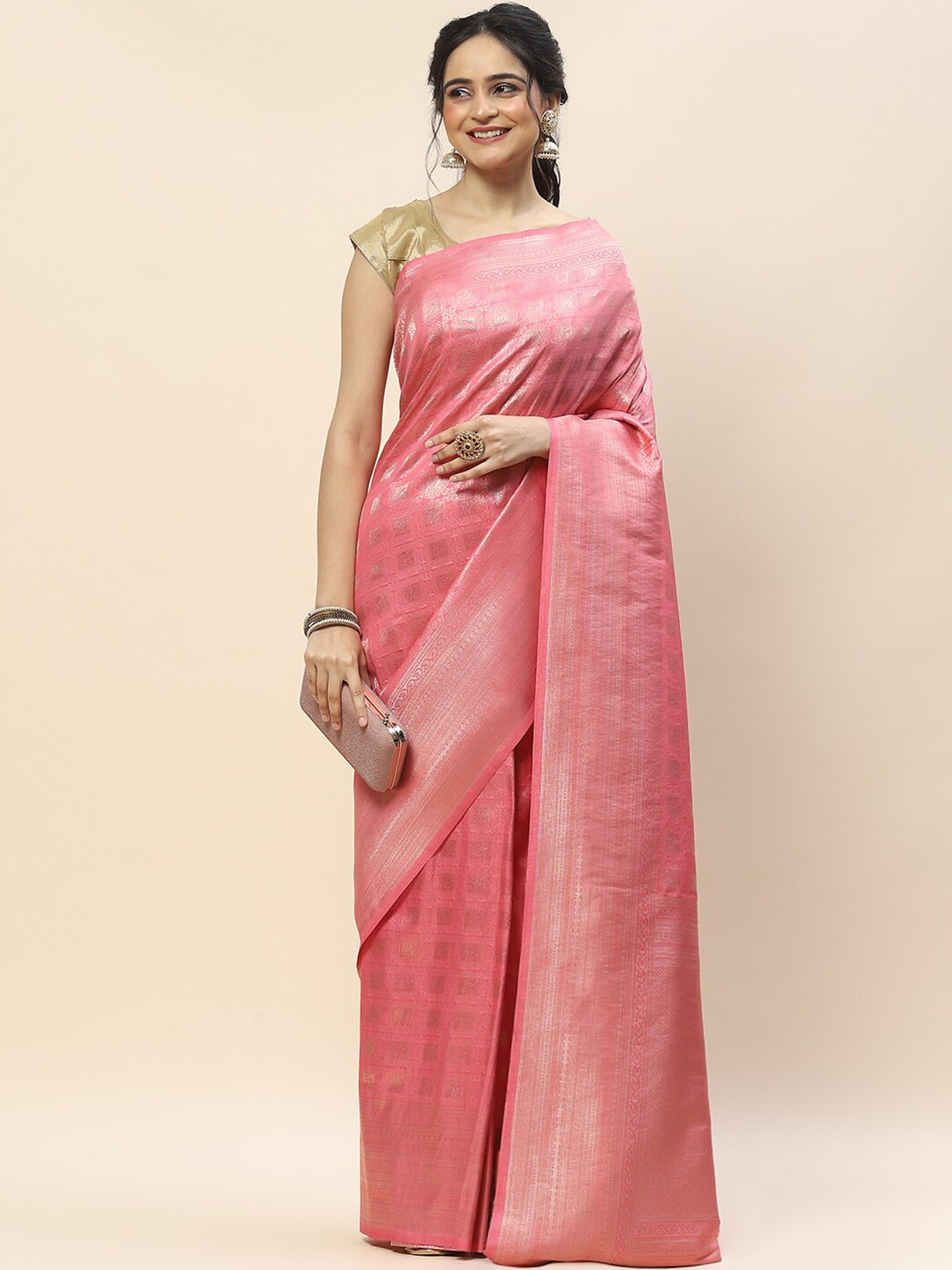 

Meena Bazaar Ethnic Motifs Woven Design Zari Art Silk Saree, Peach