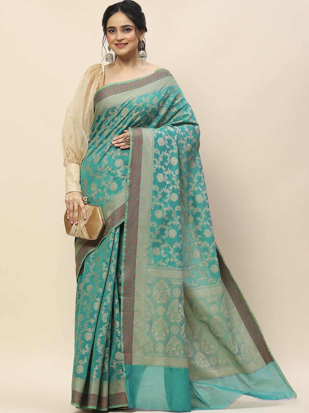 

Meena Bazaar Floral Woven Design Zari Saree, Sea green