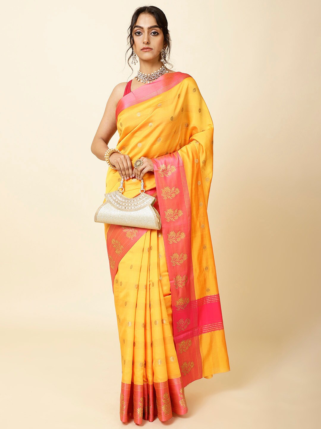 

Meena Bazaar Geometric Woven Design Zari Saree, Yellow