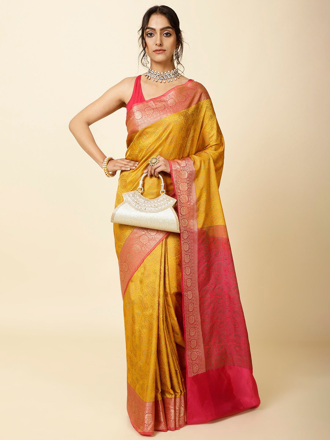 

Meena Bazaar Paisley Woven Design Zari Saree, Mustard