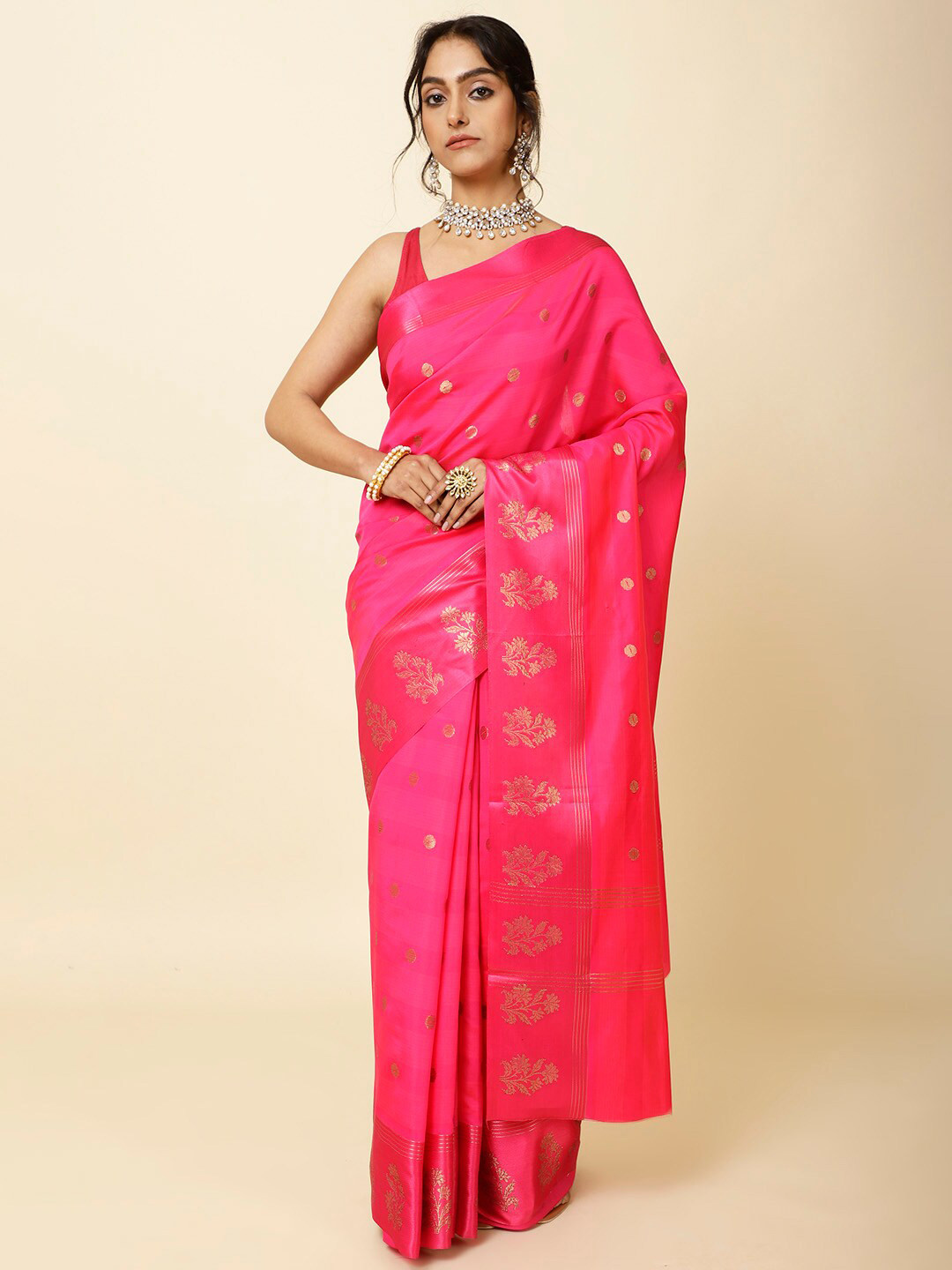 

Meena Bazaar Floral Woven Design Zari Saree, Pink