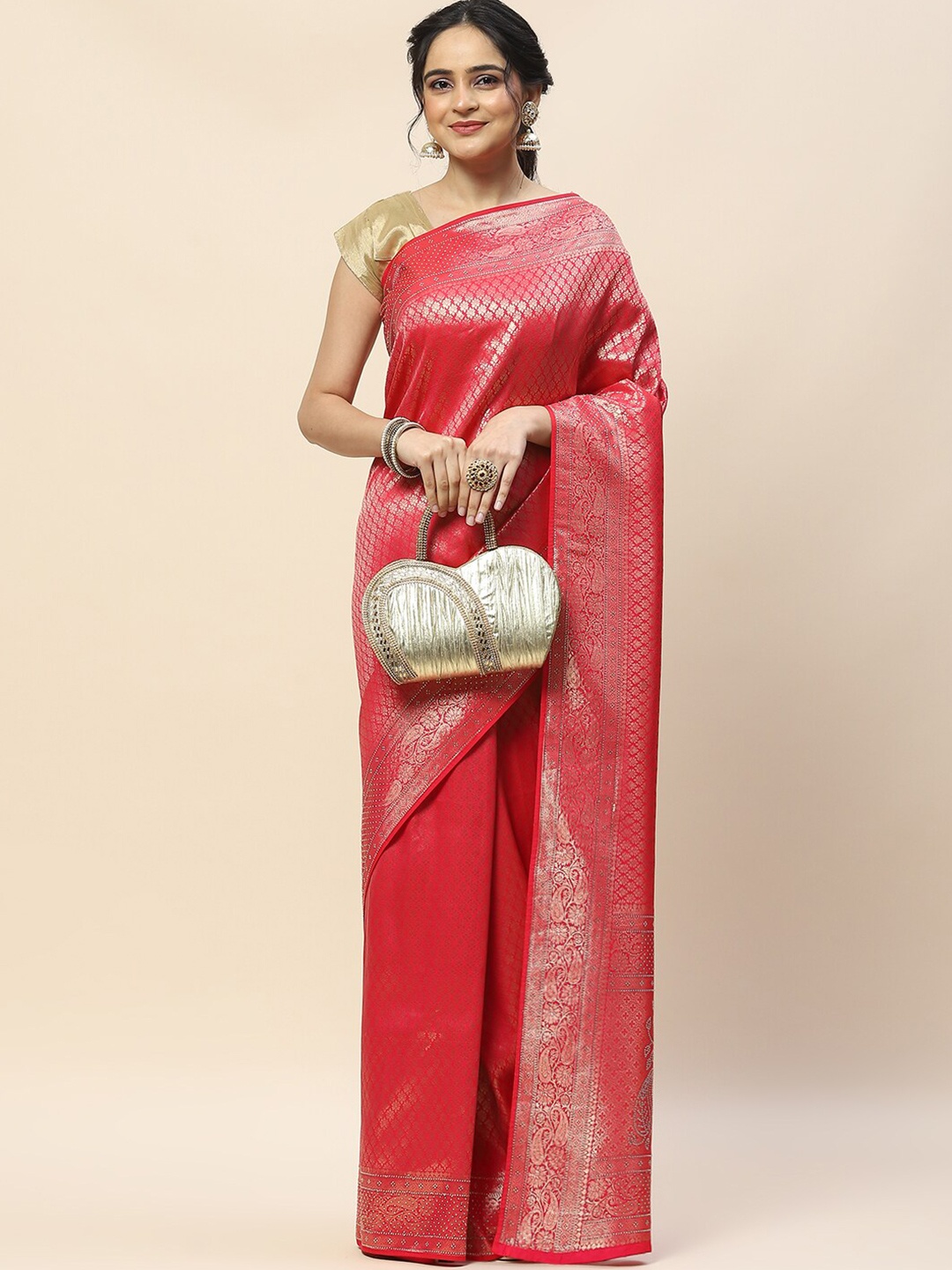 

Meena Bazaar Ethnic Woven Design Zari Art Silk Banarasi Saree, Pink