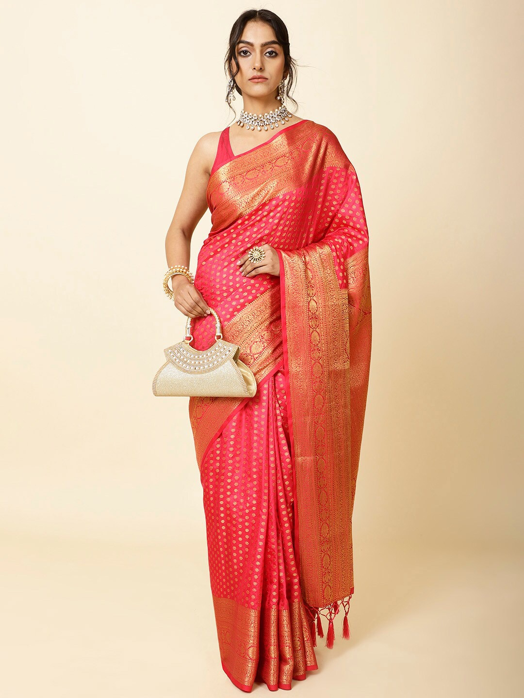 

Meena Bazaar Floral Woven Design Zari Art Silk Saree, Pink