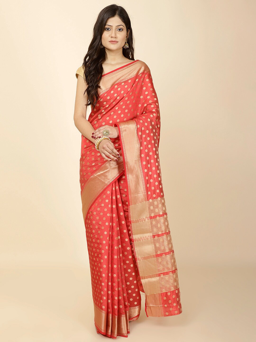 

Meena Bazaar Ethnic Woven Design Zari Art Silk Saree, Red