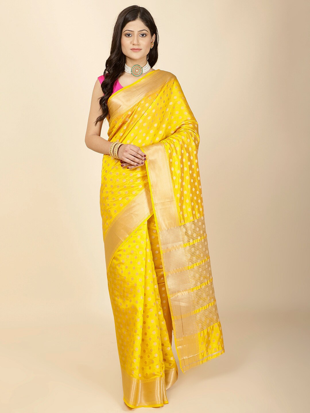 

Meena Bazaar Geometric Woven Design Zari Art Silk Saree, Mustard