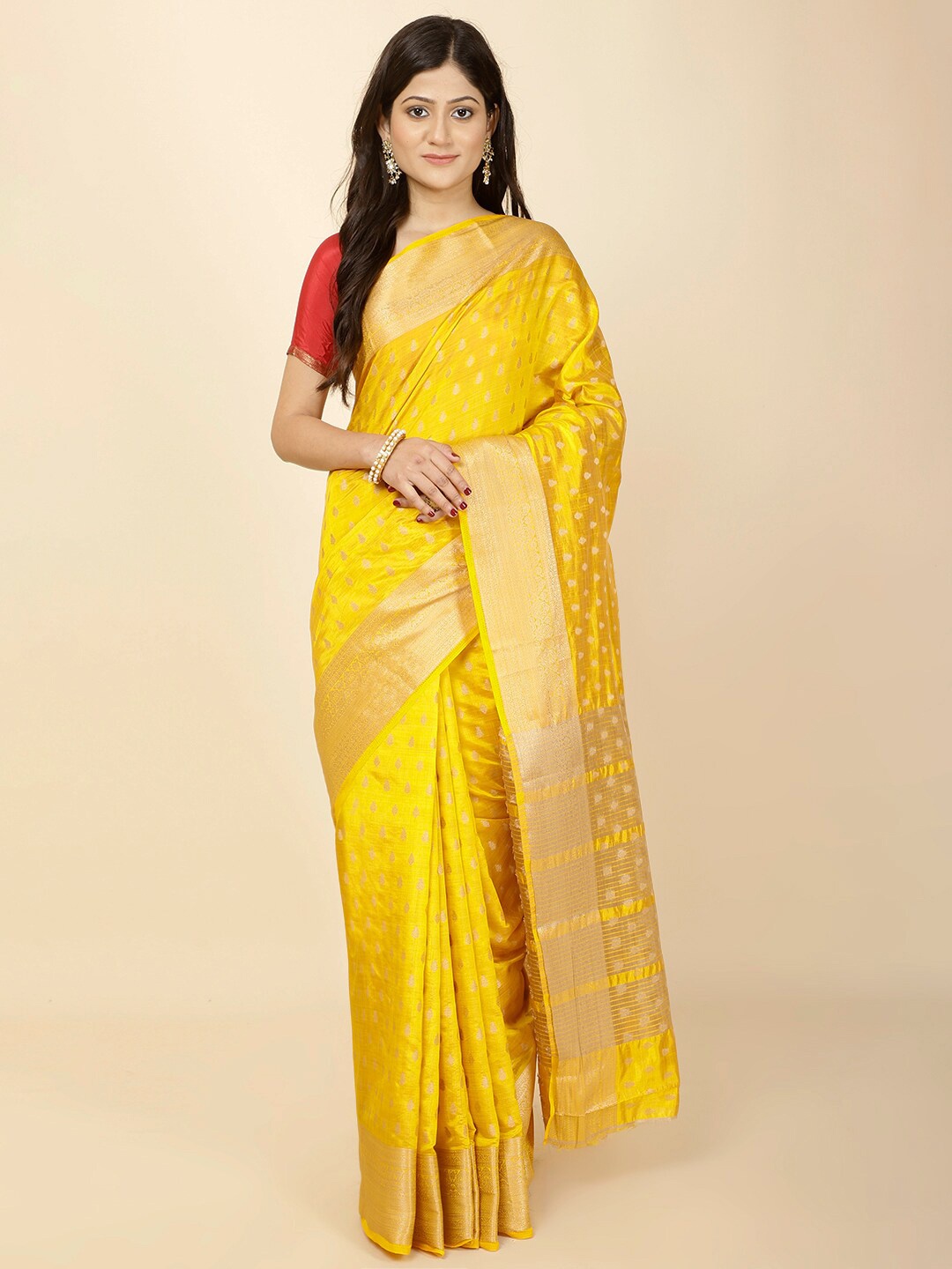 

Meena Bazaar Ethnic Motifs Woven Design Zari Art Silk Saree, Mustard