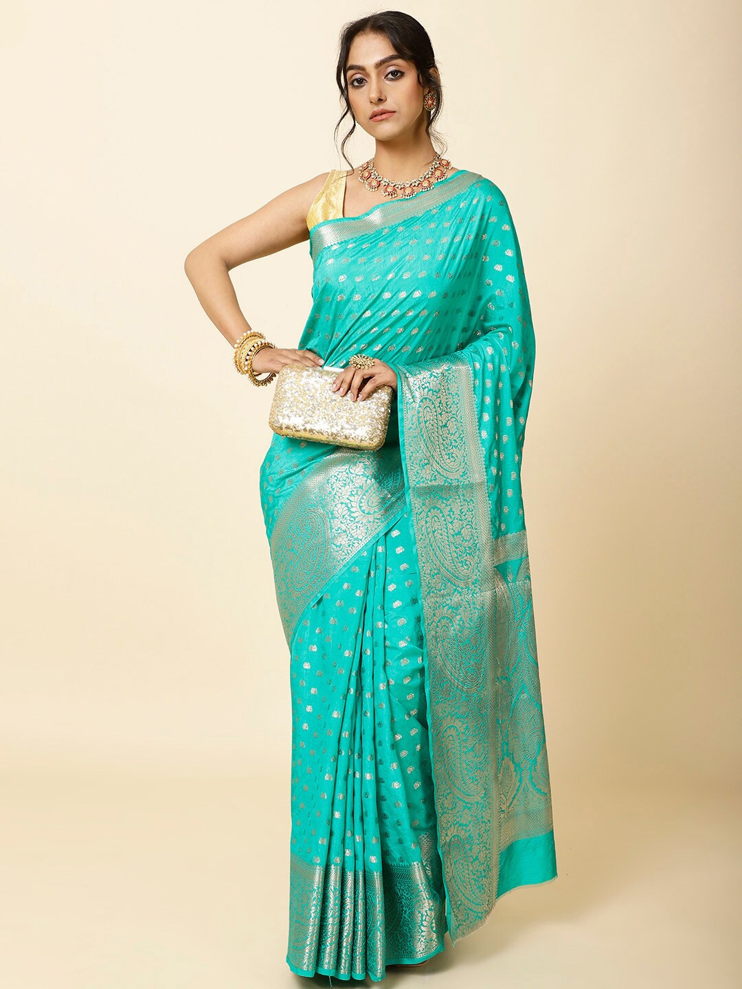 

Meena Bazaar Floral Woven Design Zari Art Silk Saree, Sea green