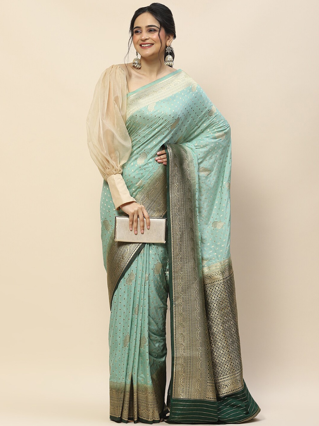 

Meena Bazaar Ethnic Motifs Woven Design Zari Saree, Sea green