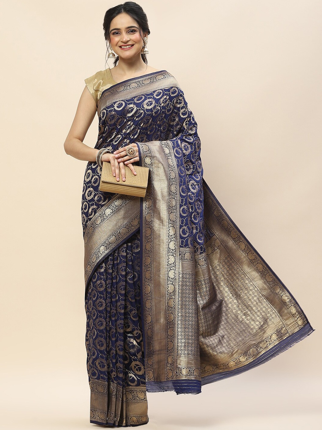 

Meena Bazaar Geometric Woven Design Zari Saree, Navy blue