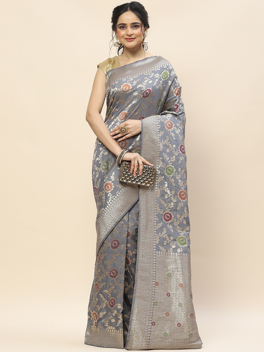 

Meena Bazaar Floral Woven Design Zari Saree, Grey