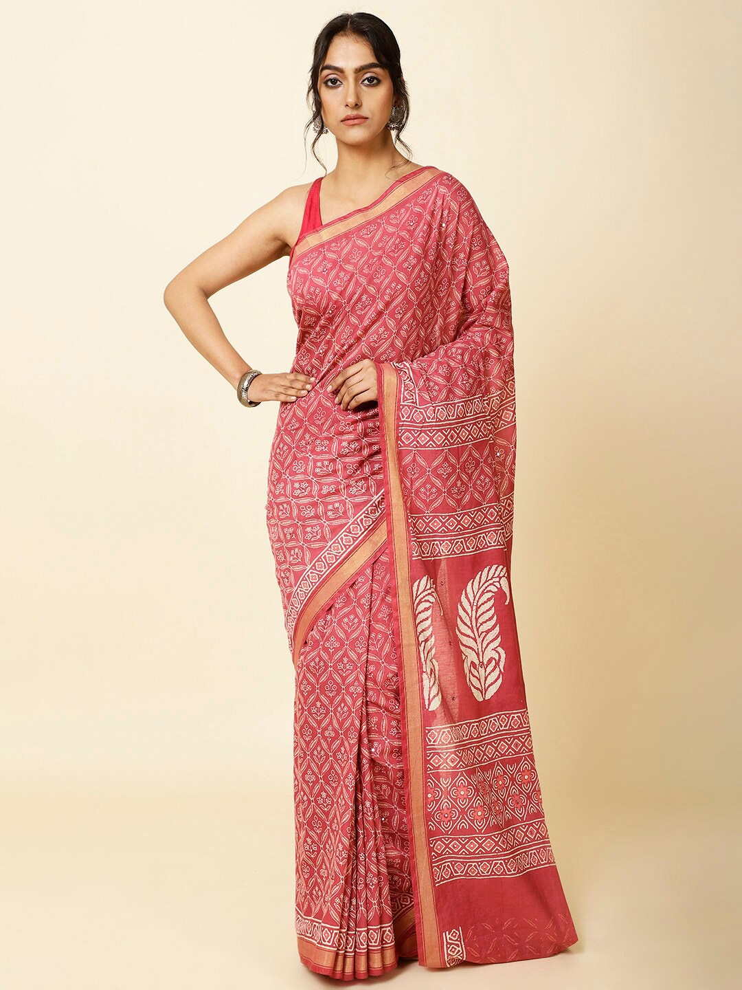 

Meena Bazaar Floral Printed Zari Saree, Pink