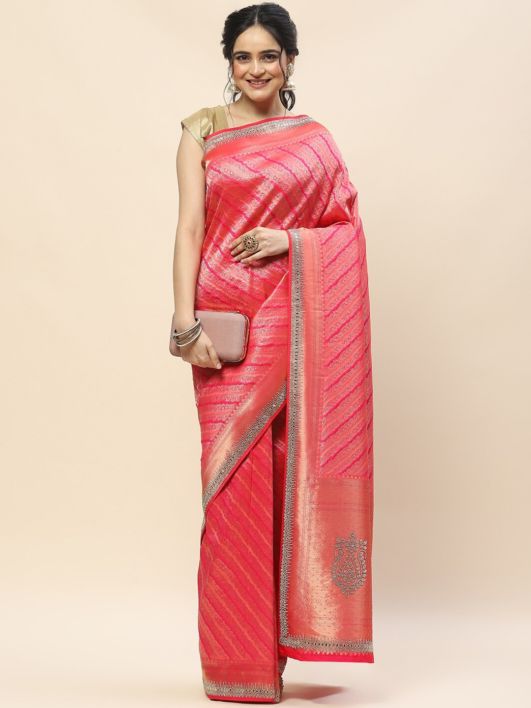 

Meena Bazaar Ethnic Woven Design Zari Art Silk Banarasi Saree, Pink
