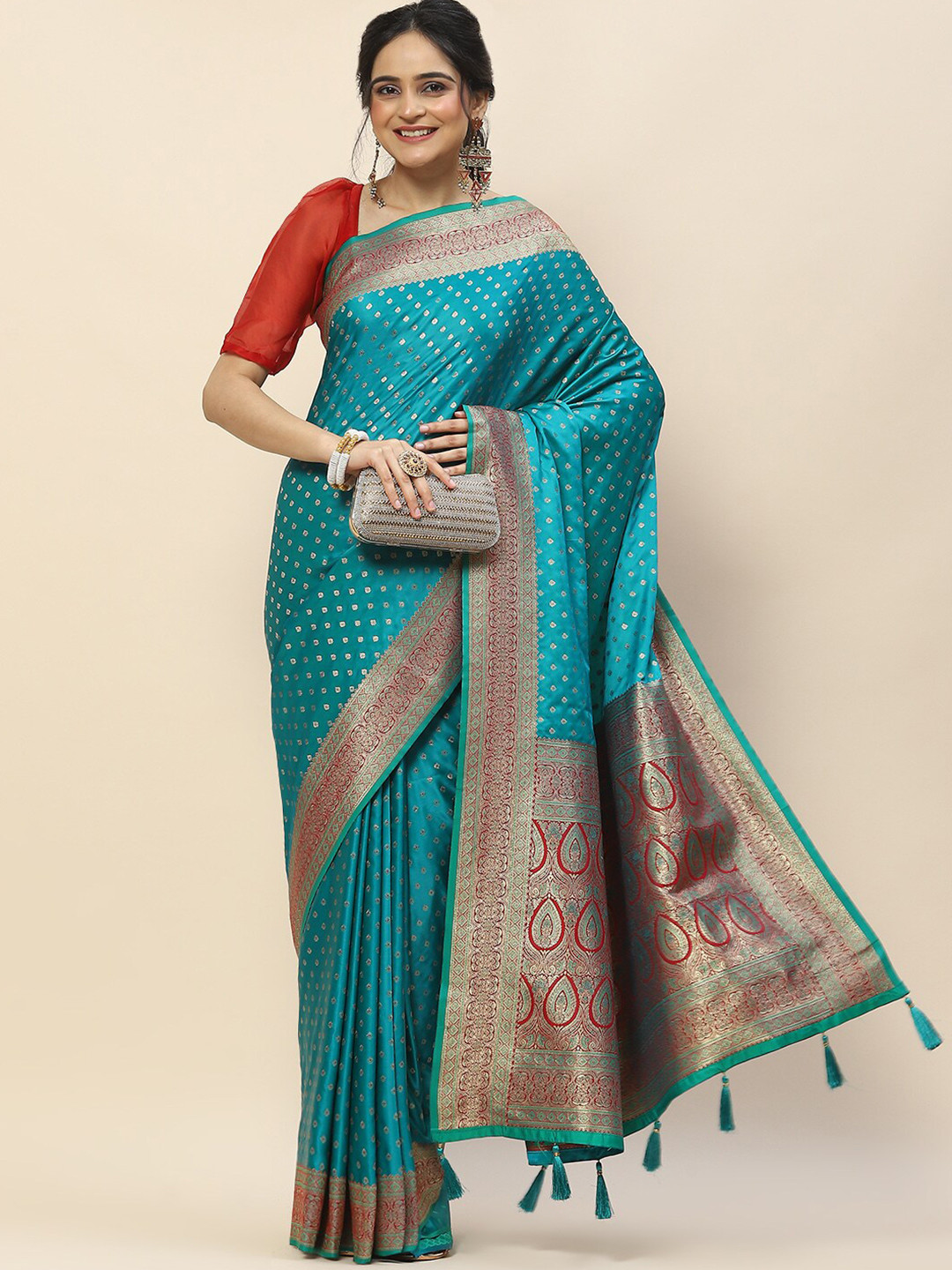 

Meena Bazaar Ethnic Motifs Woven Design Zari Satin Saree, Blue