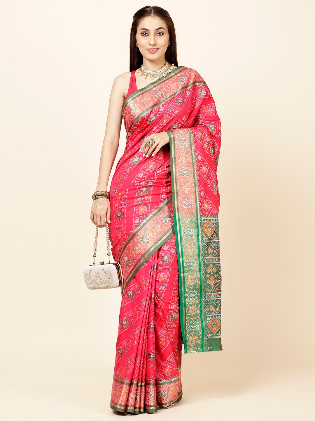 

Meena Bazaar Kalamkari Woven Design Zari Art Silk Saree, Pink