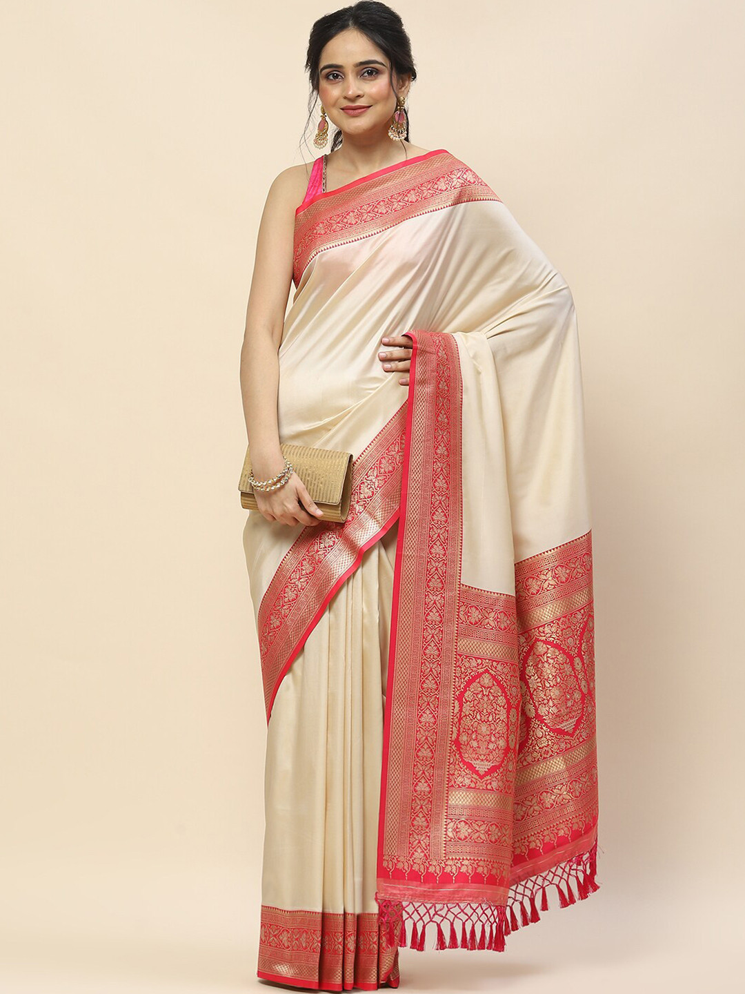 

Meena Bazaar Ethnic Motifs Woven Design Art Silk Saree, Cream