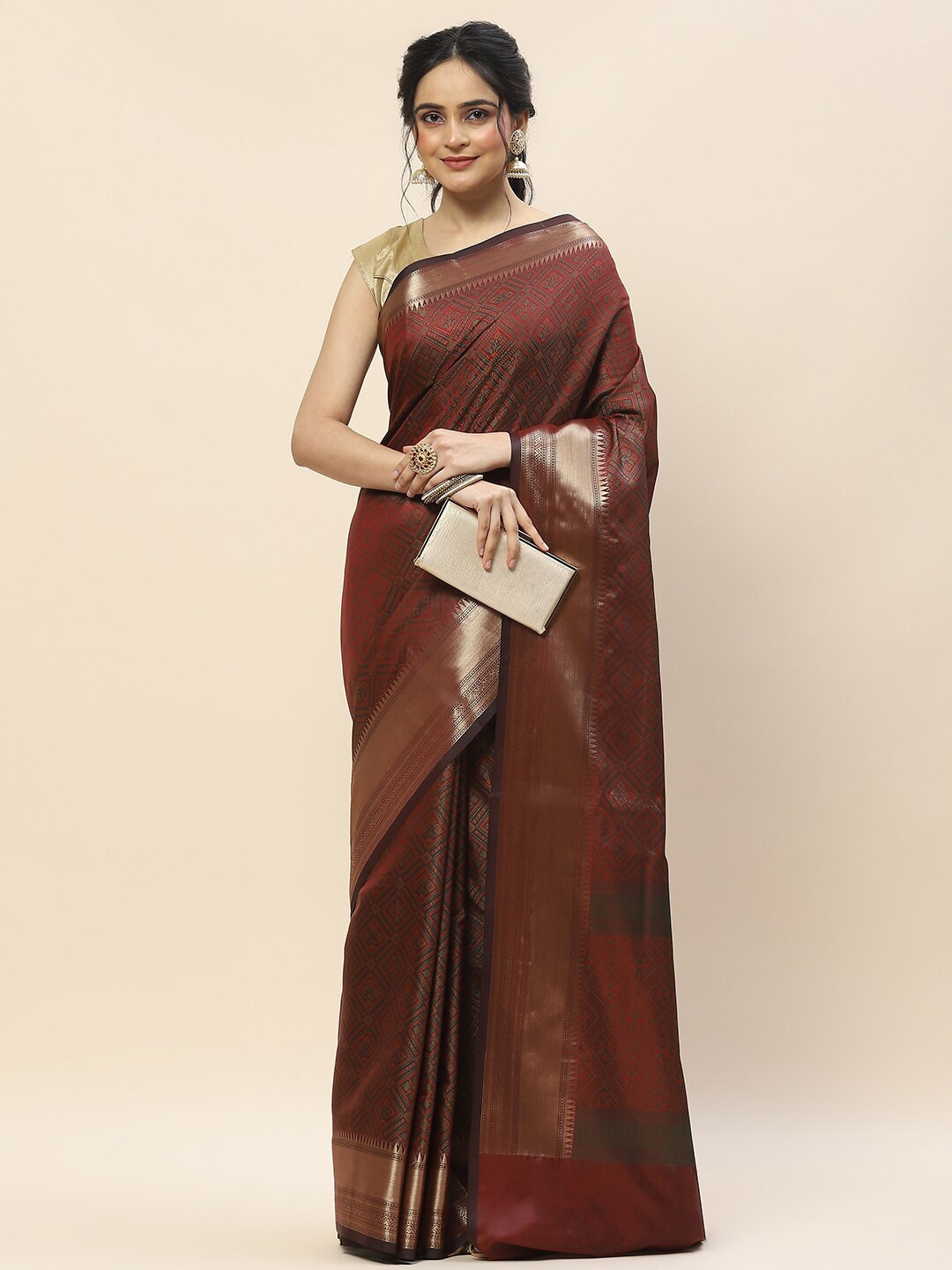 

Meena Bazaar Geometric Woven Design Zari Saree, Maroon