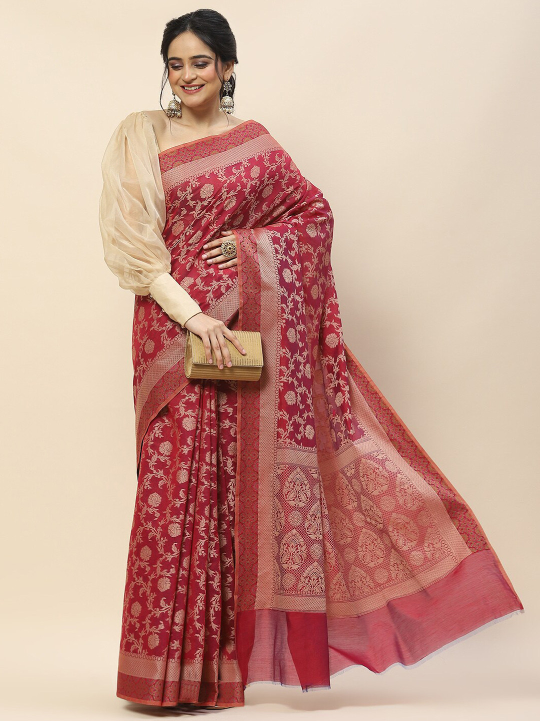 

Meena Bazaar Floral Woven Design Saree, Pink