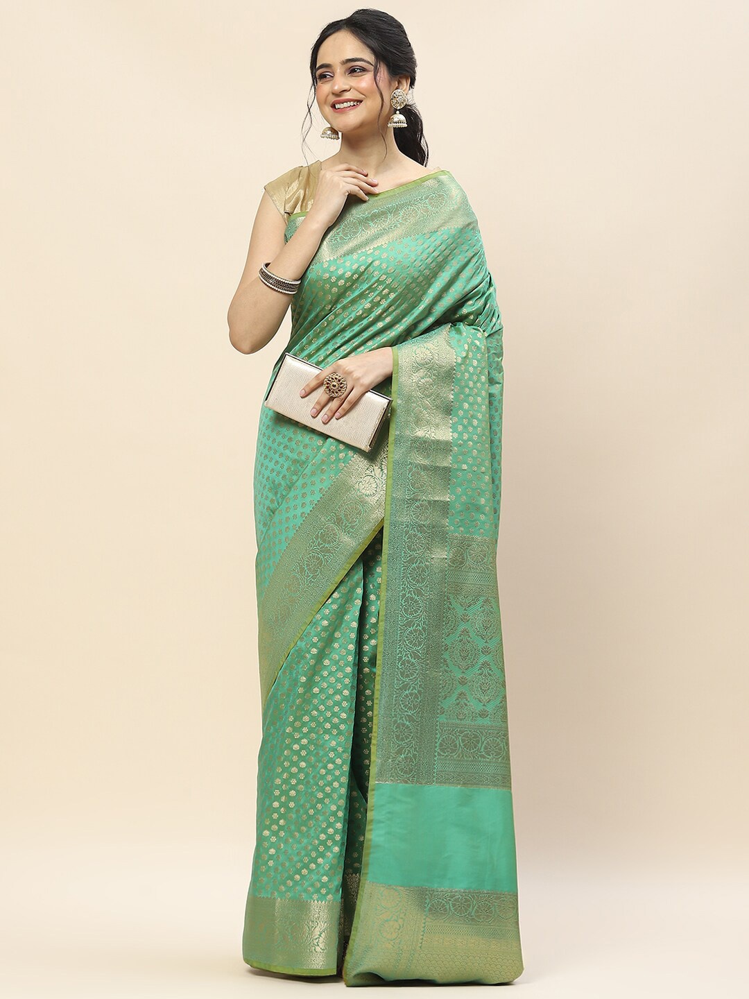 

Meena Bazaar Ethnic Motifs Woven Design Zari Art Silk Banarasi Saree, Sea green