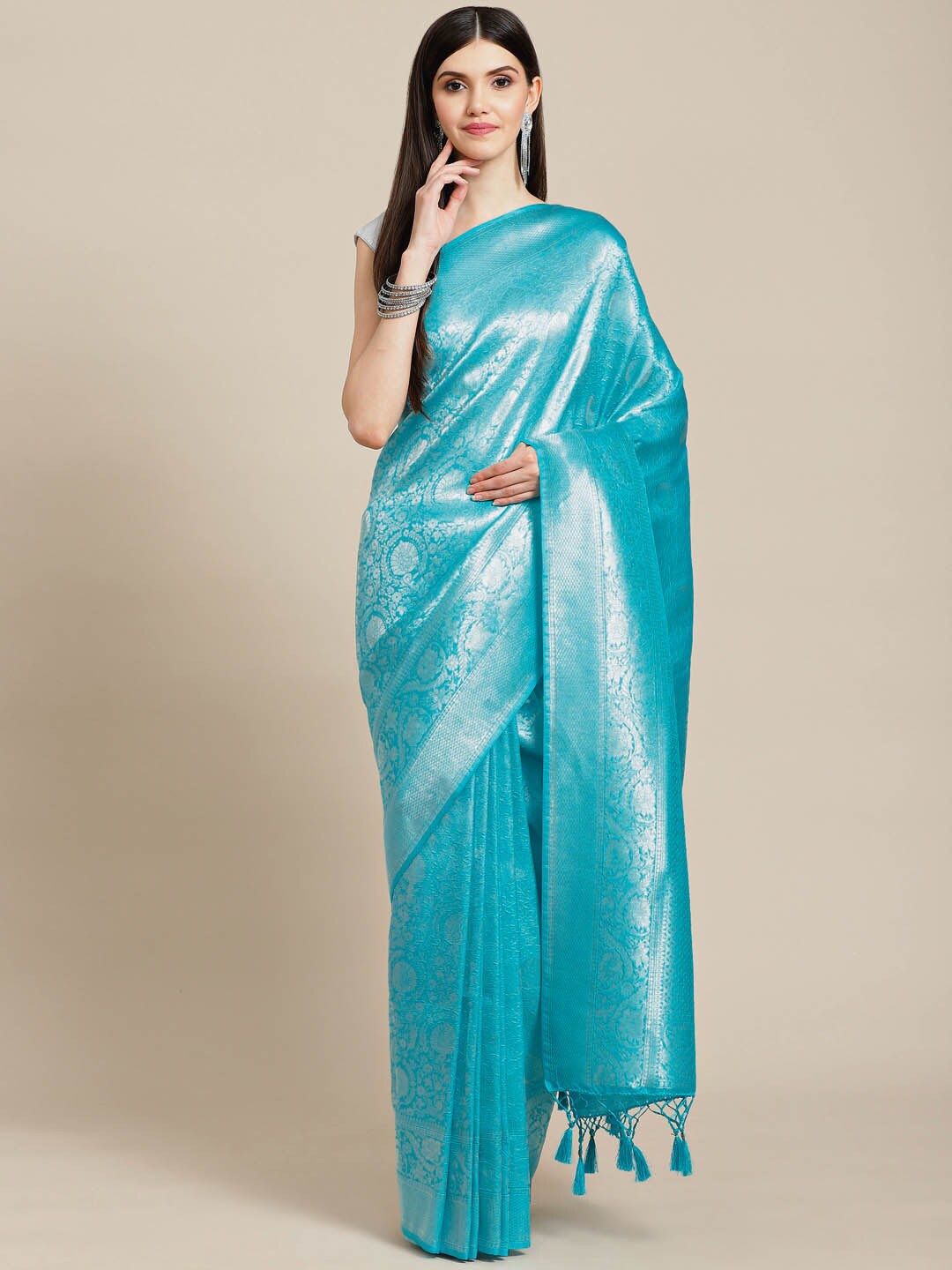 

Meena Bazaar Ethnic Motifs Woven Design Zari Art Silk Saree, Blue