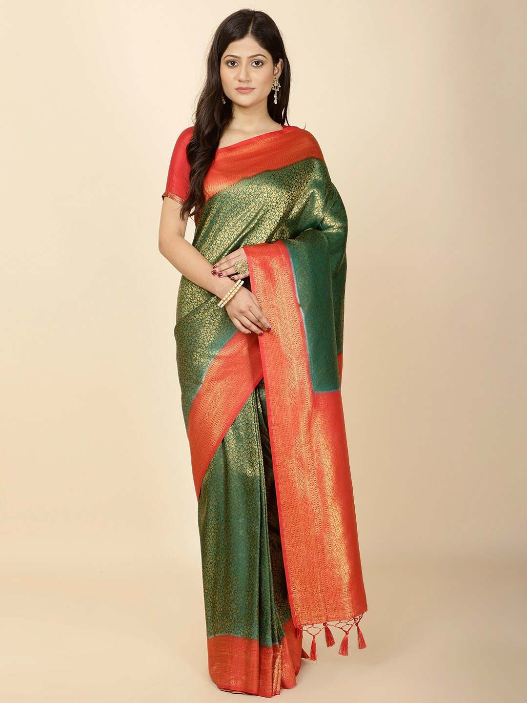 

Meena Bazaar Floral Woven Design Art Silk Saree, Green