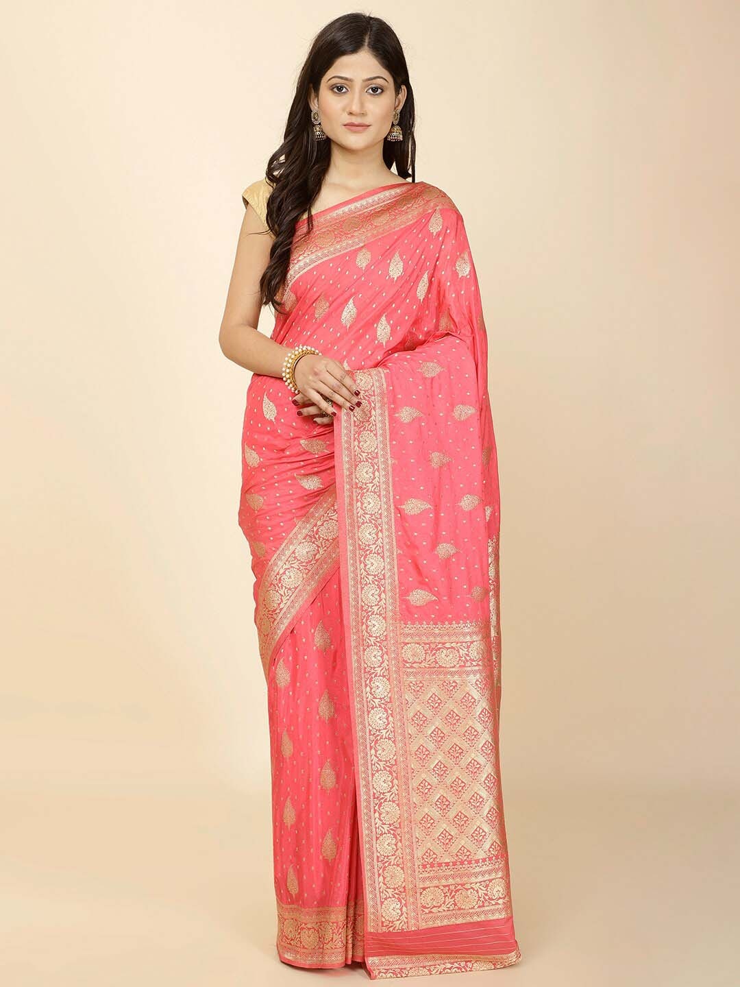 

Meena Bazaar Ethnic Motifs Woven Design Zari Saree, Pink