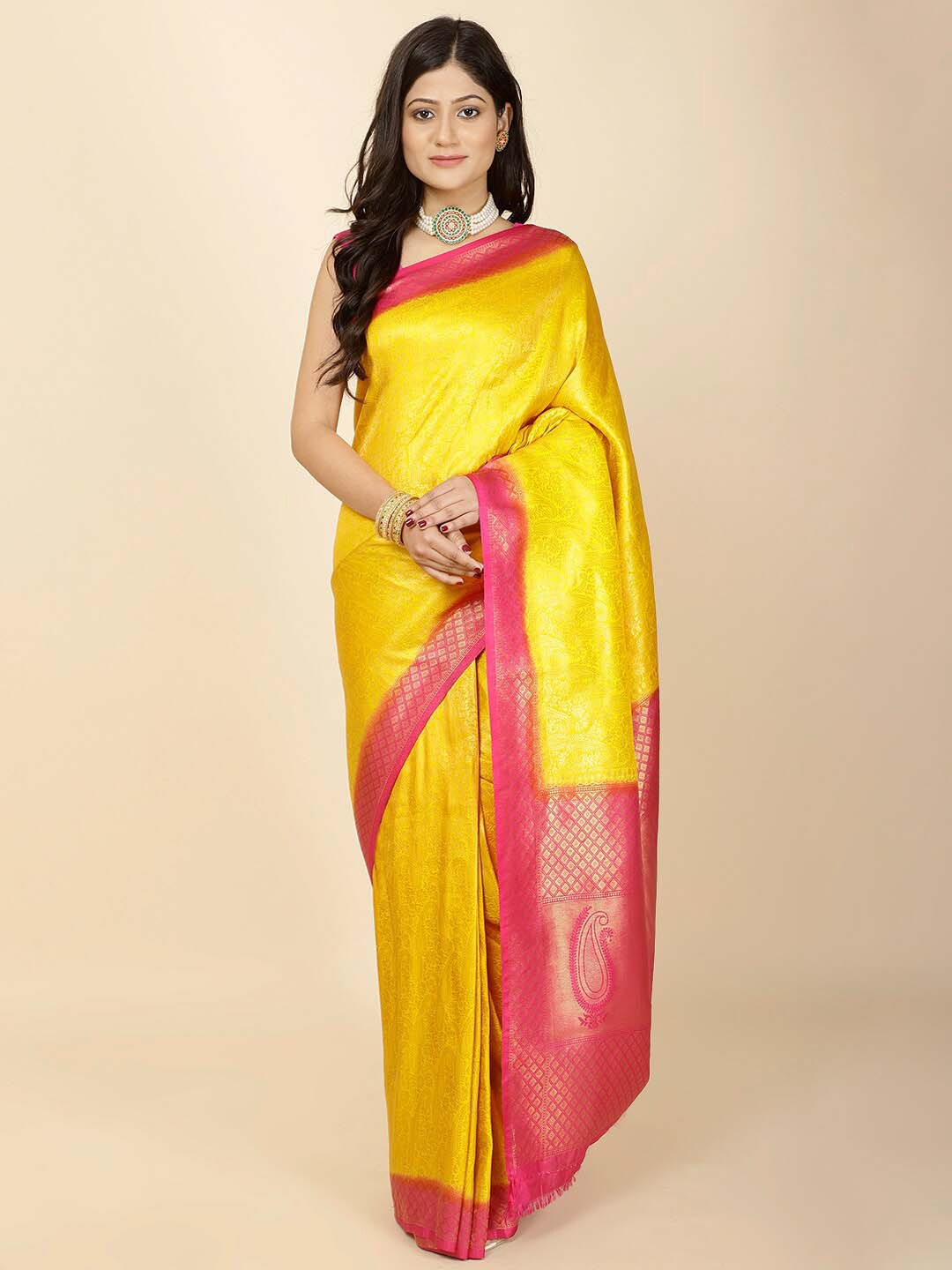 

Meena Bazaar Ethnic Motifs Woven Design Zari Art Silk Saree, Mustard