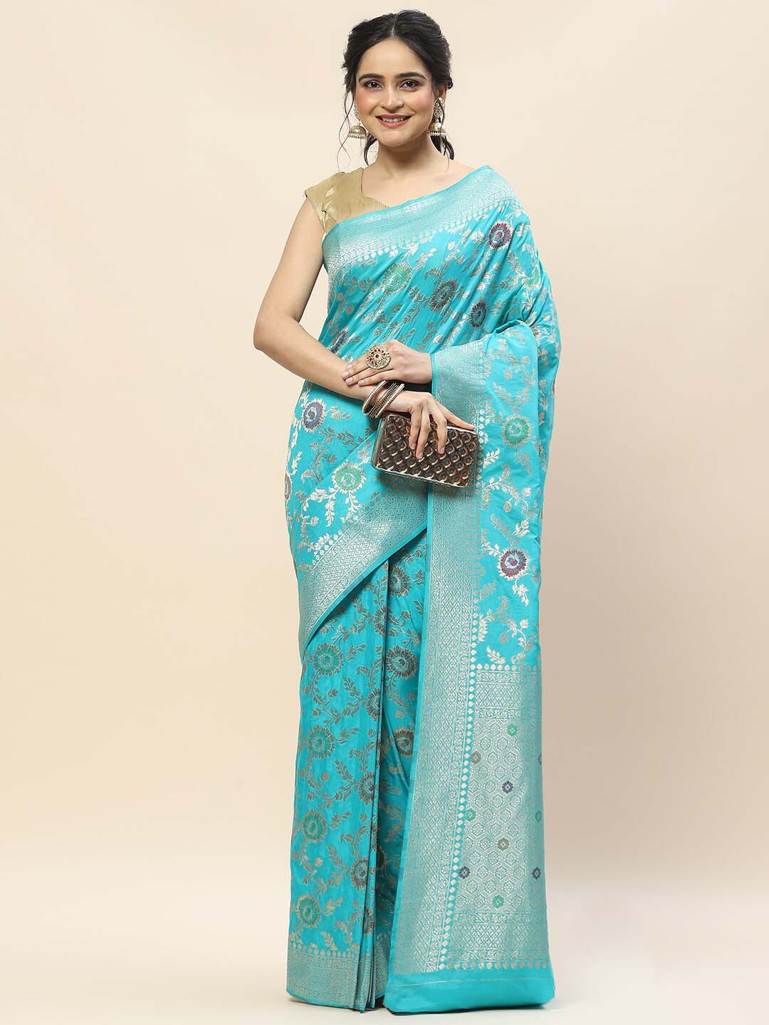 

Meena Bazaar Floral Woven Design Zari Saree, Blue