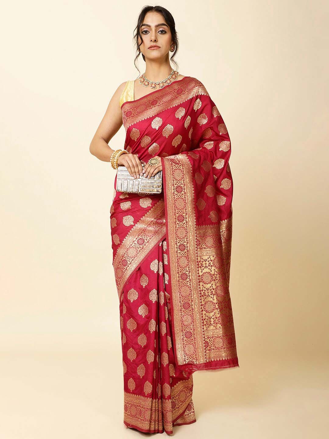 

Meena Bazaar Floral Woven Design Zari Art Silk Saree, Maroon