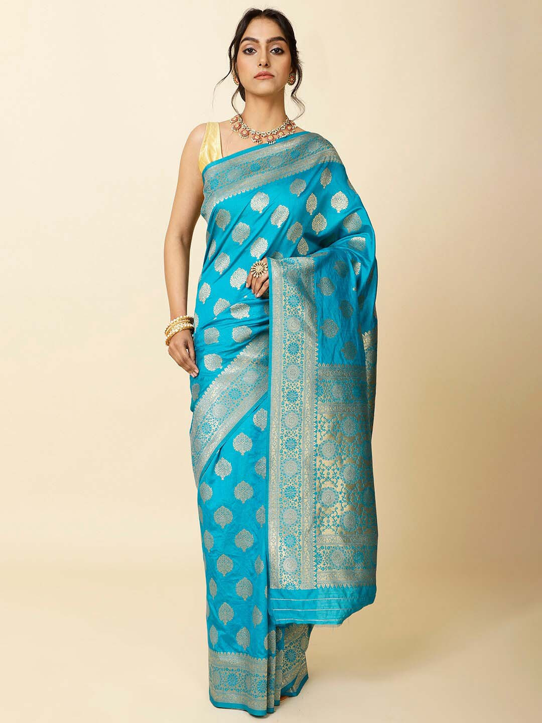 

Meena Bazaar Ethnic Motifs Woven Design Zari Art Silk Saree, Blue