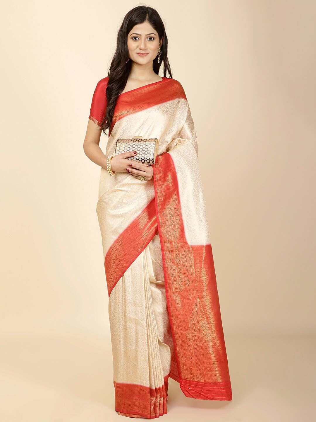 

Meena Bazaar Ethnic Motifs Woven Design Zari Art Silk Saree, Cream
