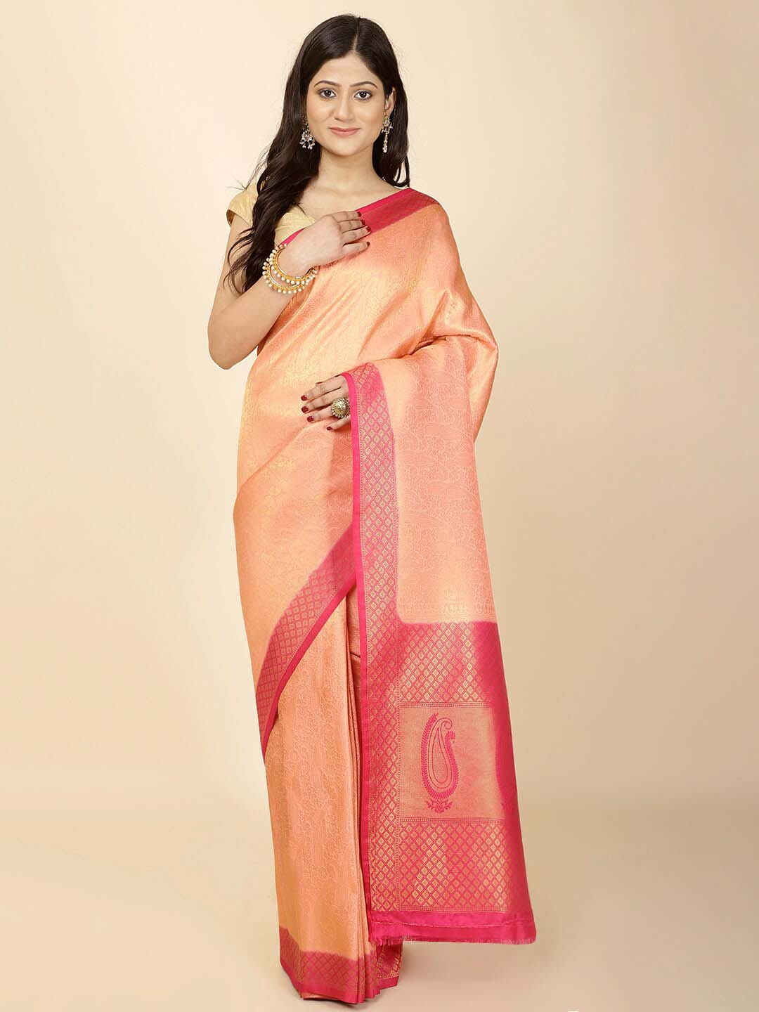 

Meena Bazaar Ethnic Motifs Woven Design Zari Art Silk Saree, Peach