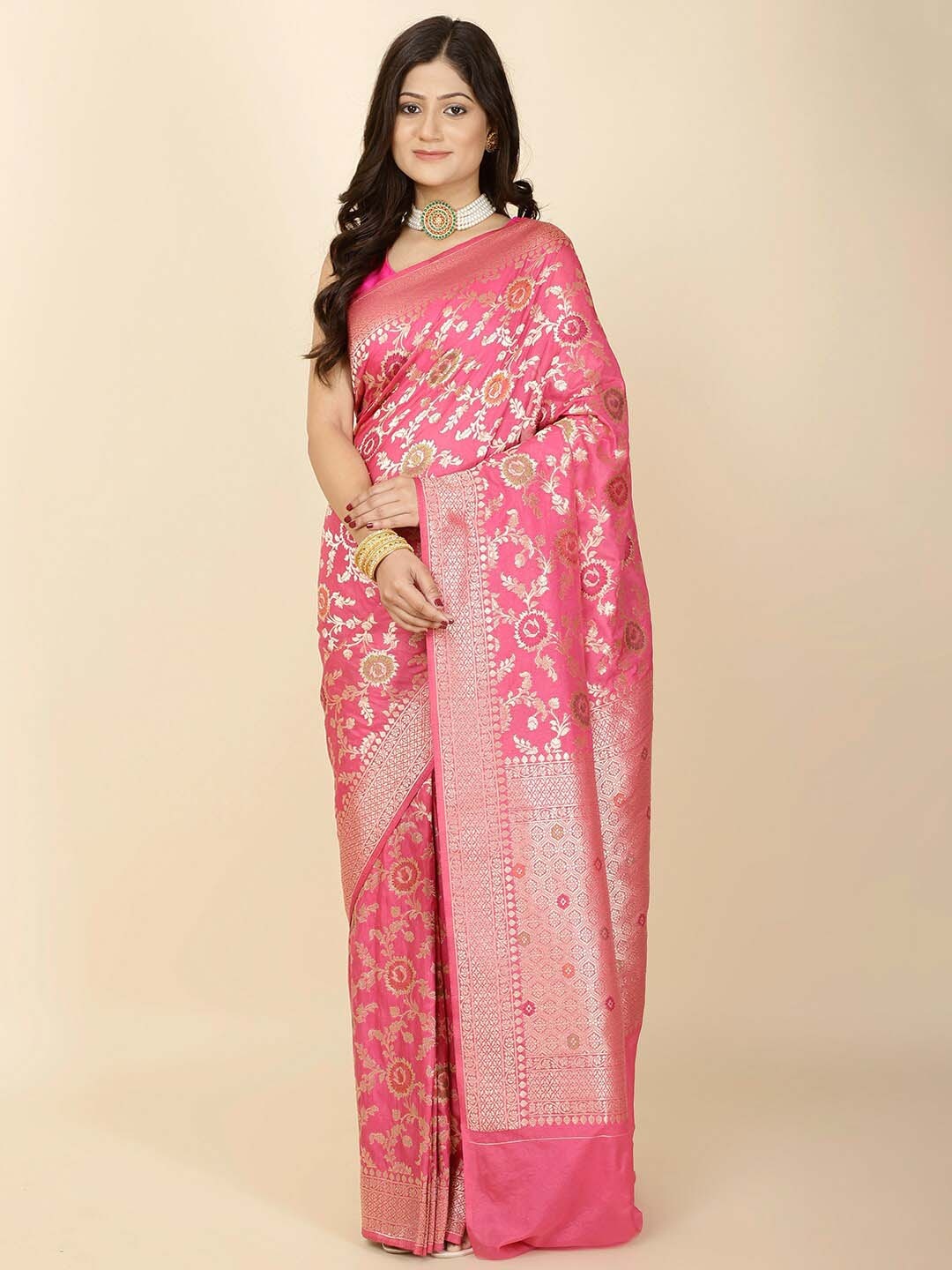 

Meena Bazaar Floral Woven Design Zari Saree, Pink