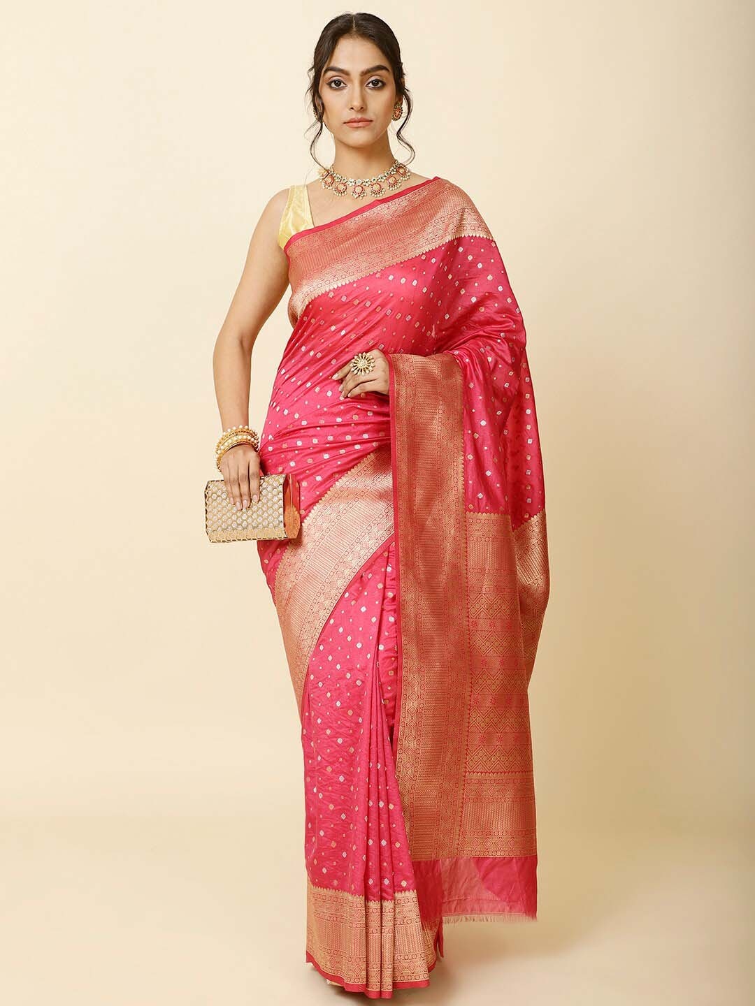

Meena Bazaar Ethnic Motifs Woven Design Zari Art Silk Saree, Pink