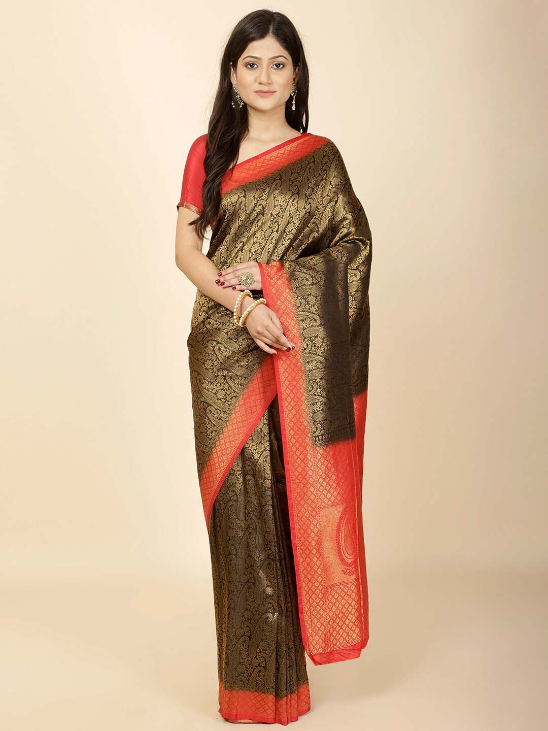 

Meena Bazaar Ethnic Motifs Woven Design Zari Art Silk Saree, Black