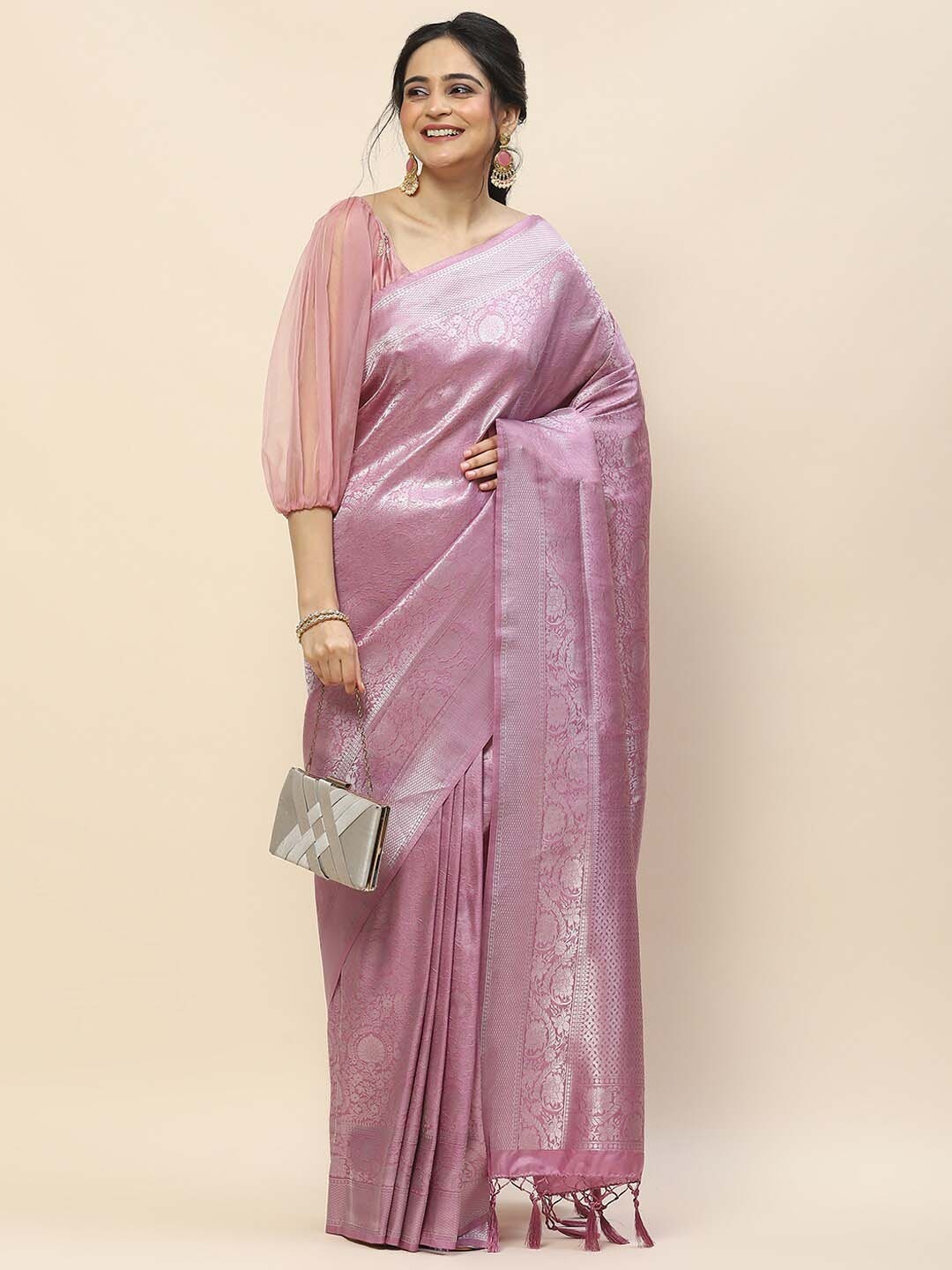 

Meena Bazaar Ethnic Motifs Woven Design Zari Art Silk Saree, Purple